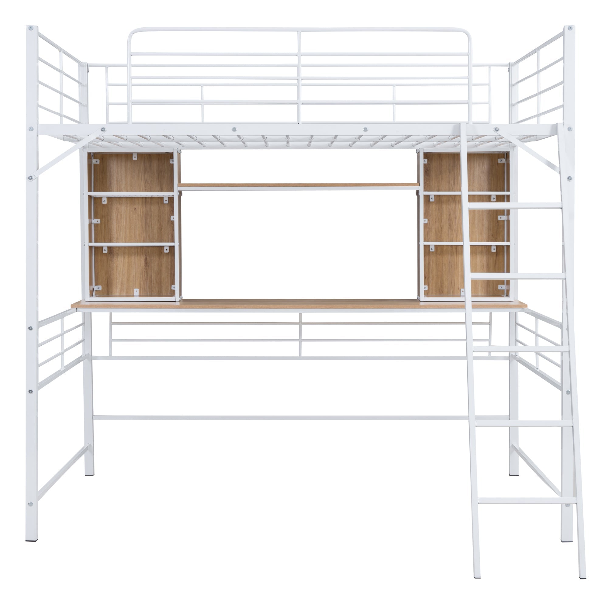 Full Size Loft Bed with Desk and Shelf, Loft Bed with Ladder,Full,White