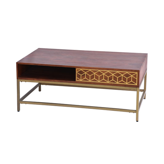 Kalyn 43 Inch Acacia Wood Coffee Table, Geometric Screen Printed Design, 1 Open Compartment, Natural Brown, Brass