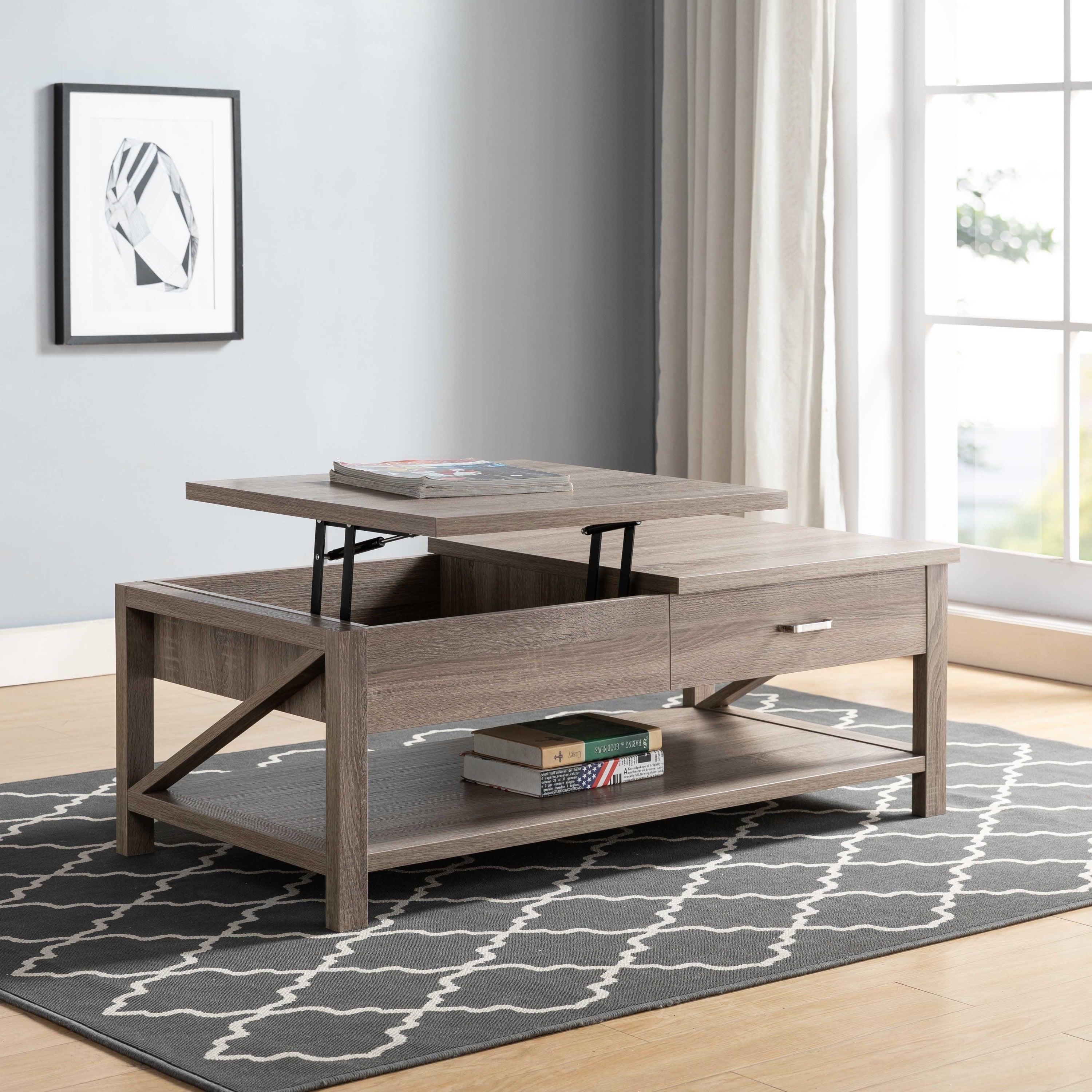 Modern Livingroom Coffee Table with Lift Top with Spacious Bottom Shelf, Dark Taupe