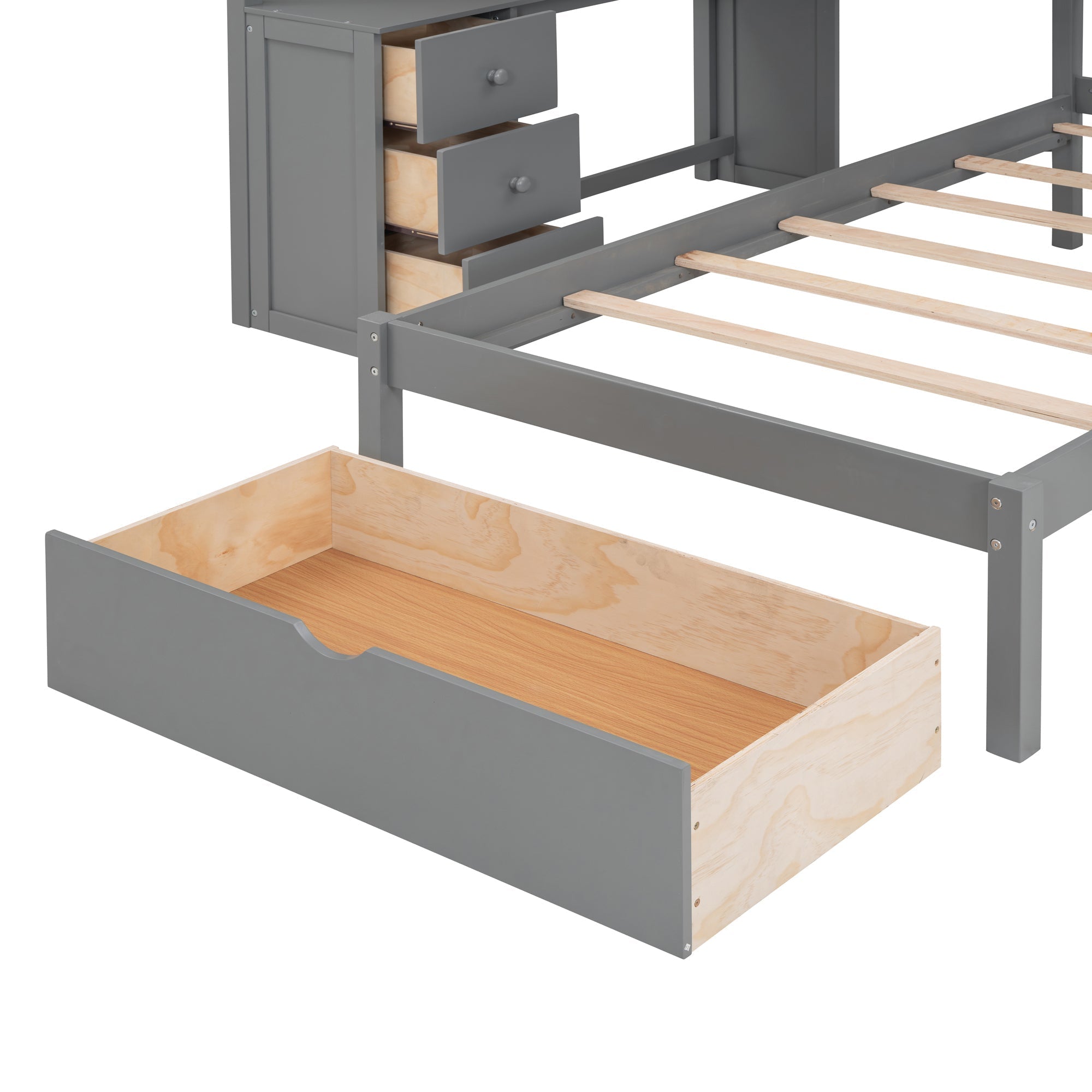 Full Over Twin Bunk Bed with Desk, Drawers and Shelves, Gray