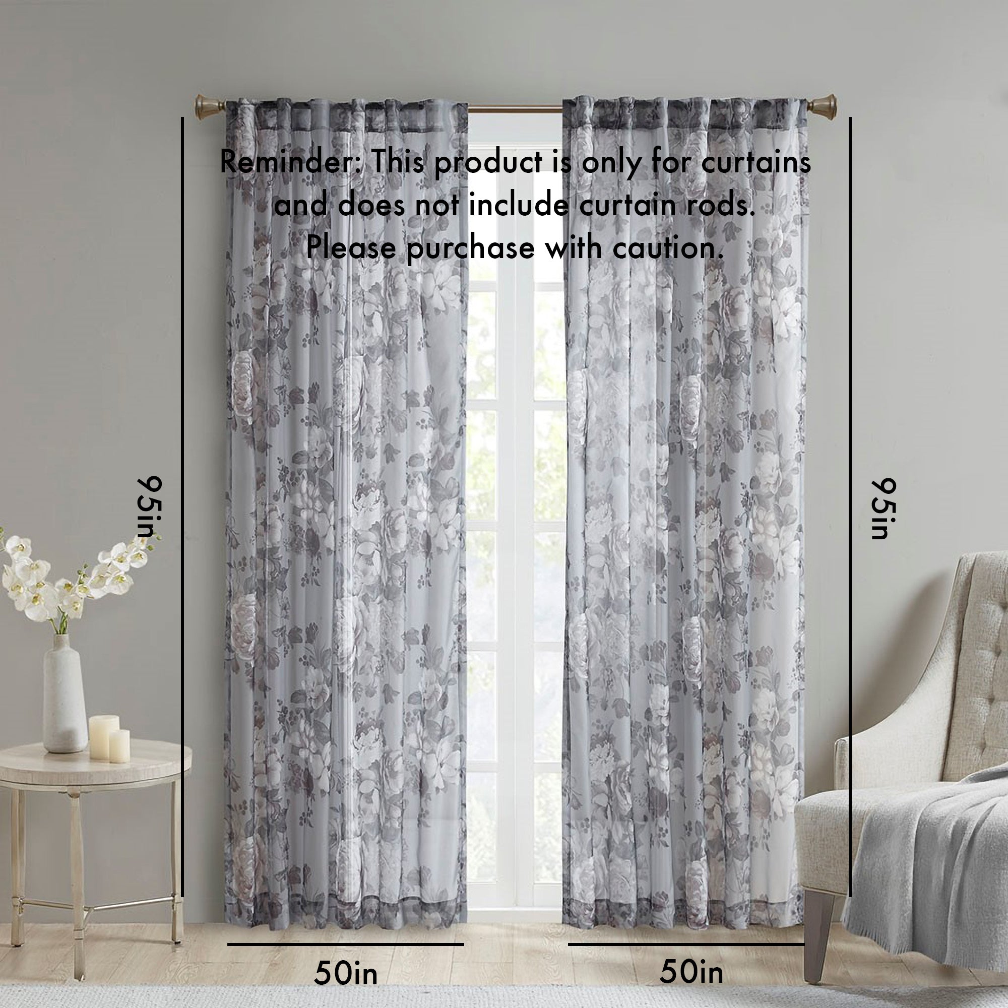 Printed Floral Rod Pocket and Back Tab Voile Sheer Curtain