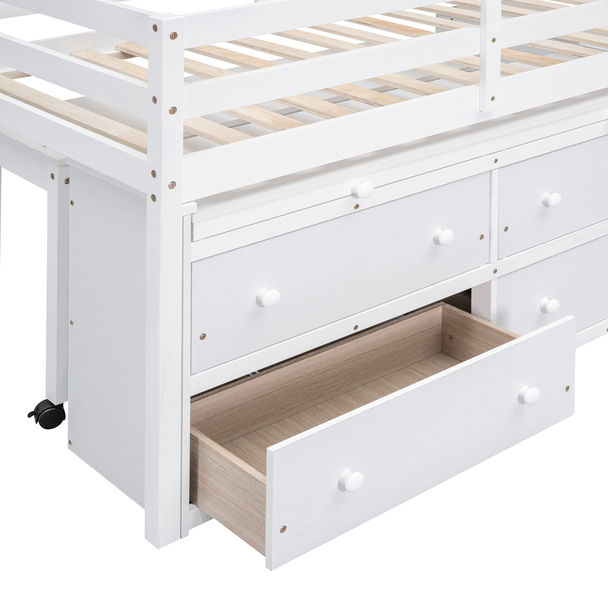 Twin Size Loft Bed with Retractable Writing Desk and 4 Drawers, Wooden Loft Bed with Lateral Portable Desk and Shelves, White