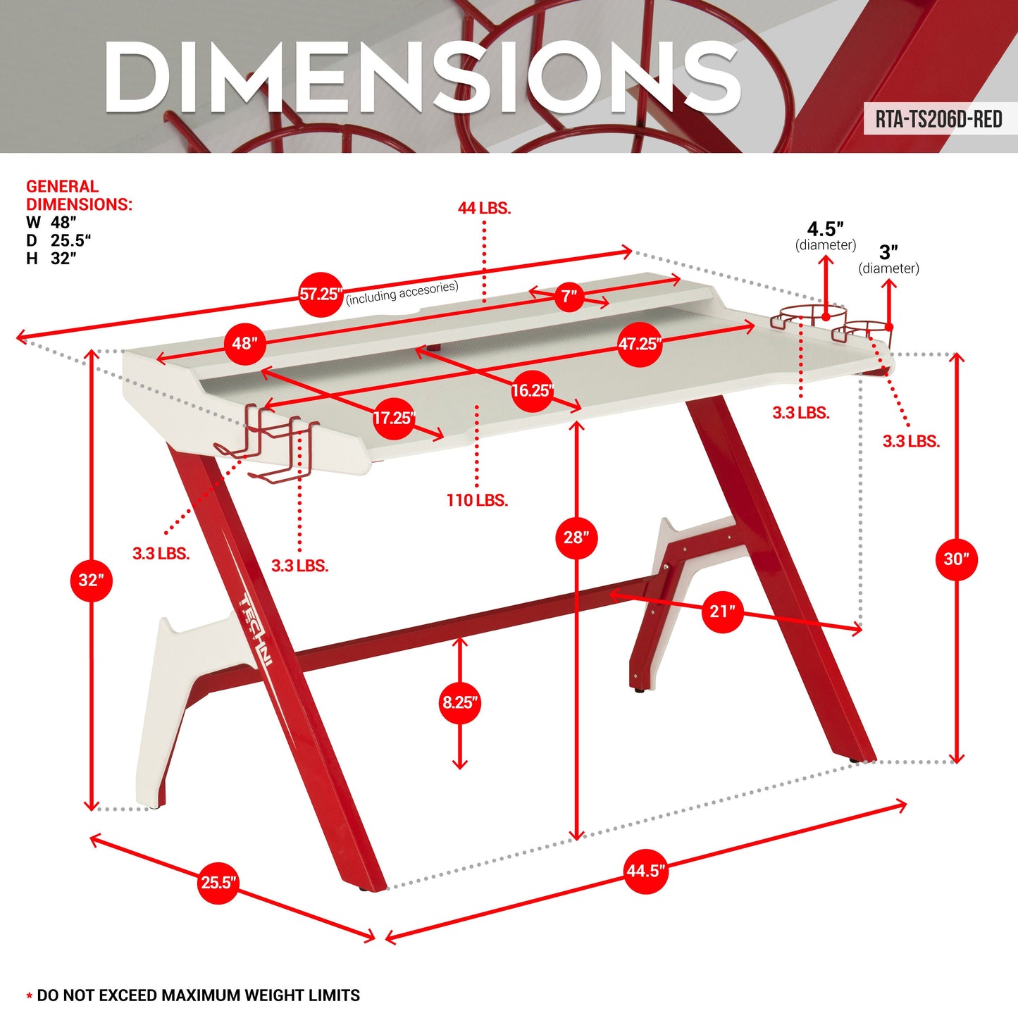 Techni Sport Ergonomic Computer Gaming  Desk Workstation with Cupholder & Headphone Hook, Red