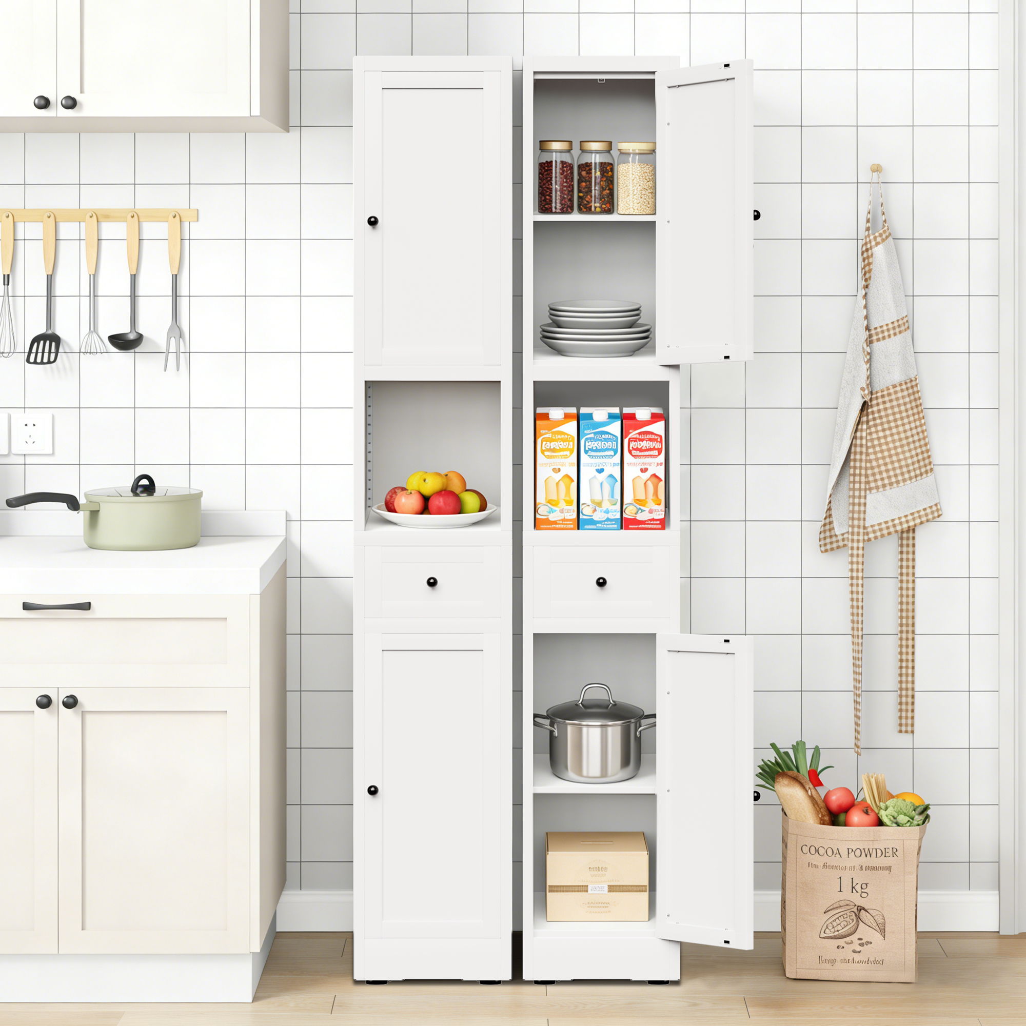 Tall Bathroom Storage Cabinet, 5-Tier Narrow With 2 Doors & Adjustable Shelves, Freestanding - White