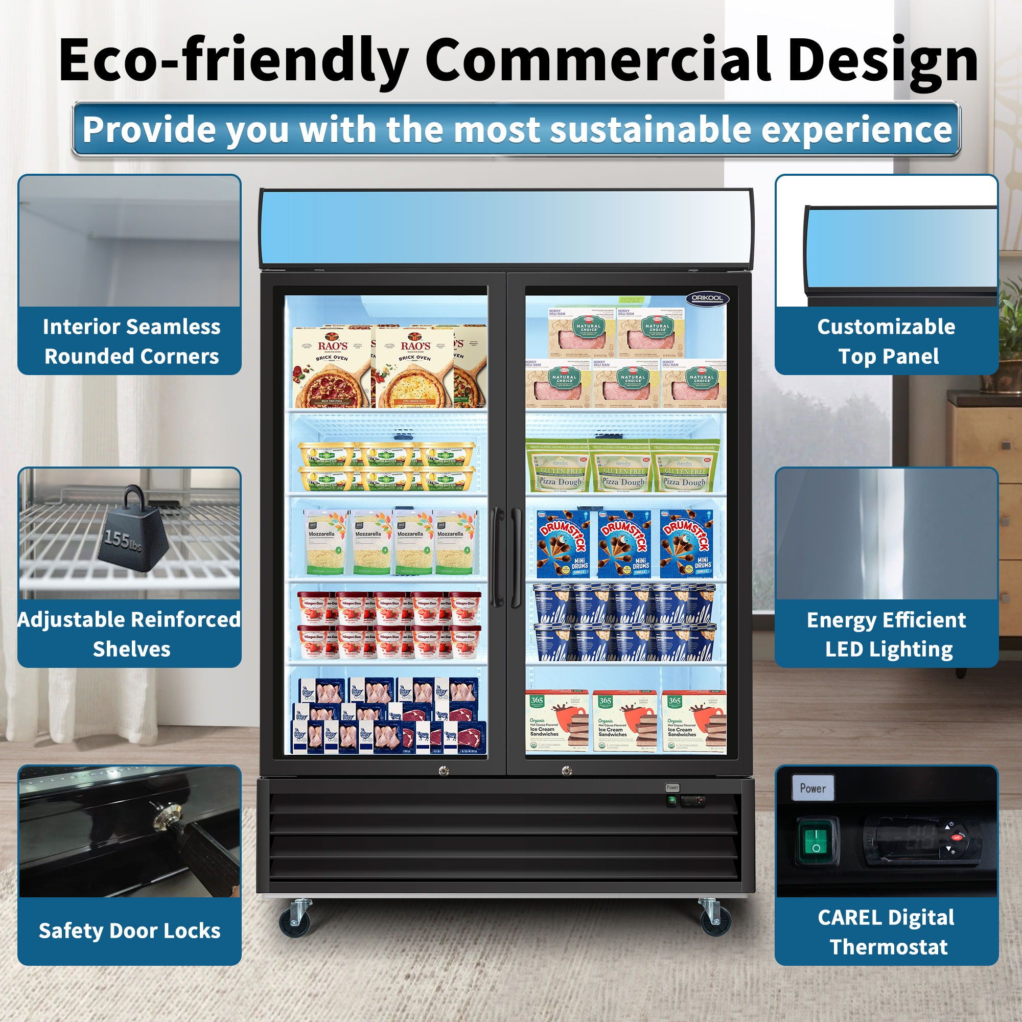 Glass Door Merchandiser Freezer Swing Door Commercial Reach-In Display Freezers With LED Top Panel Upright Freeze Storage