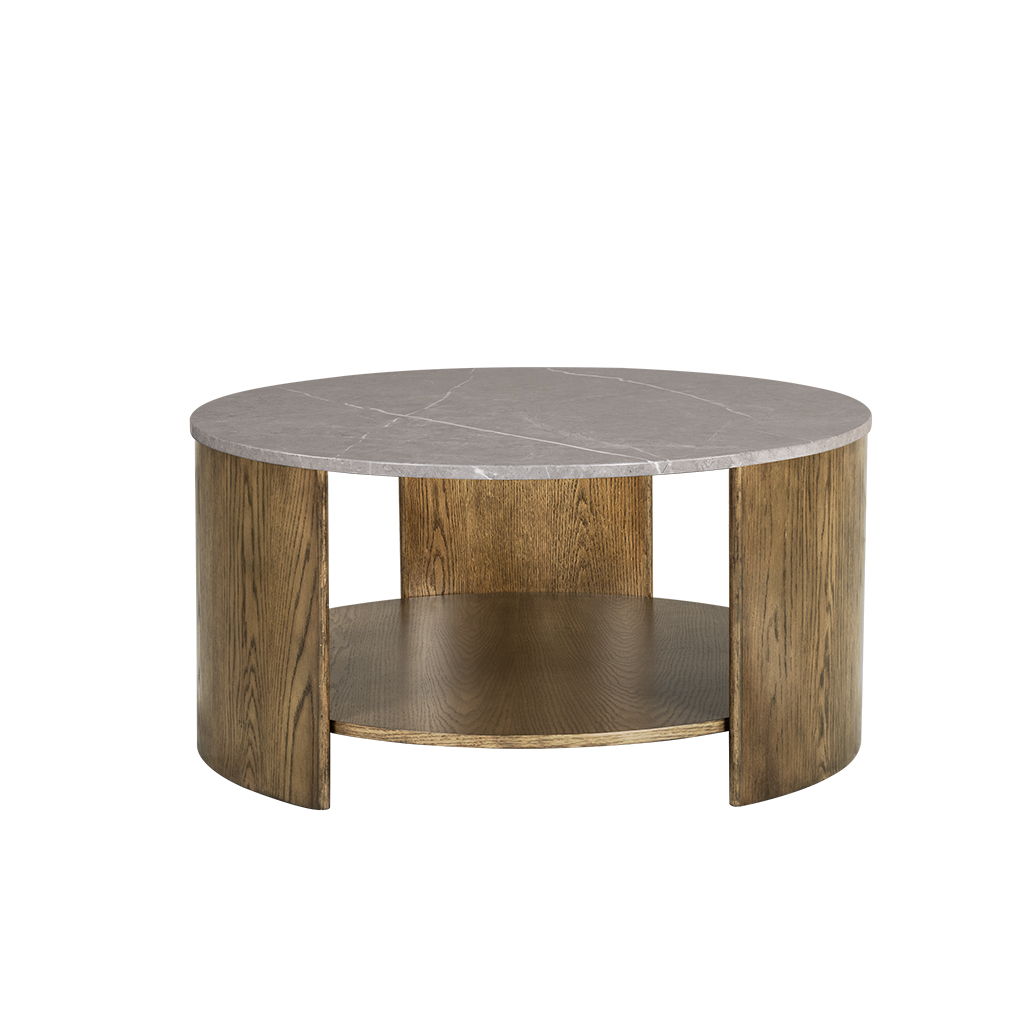 Keegan - Round Mixed Material Coffee Table With Shelf - Oak / Marble