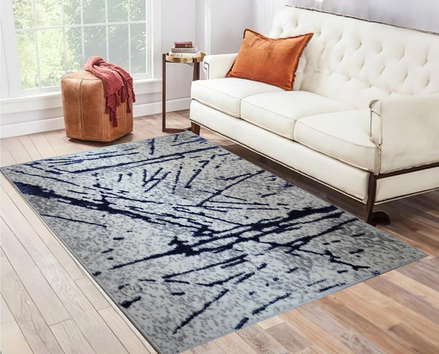 Shifra Luxury Area Rug in Gray with Navy Blue Abstract Design