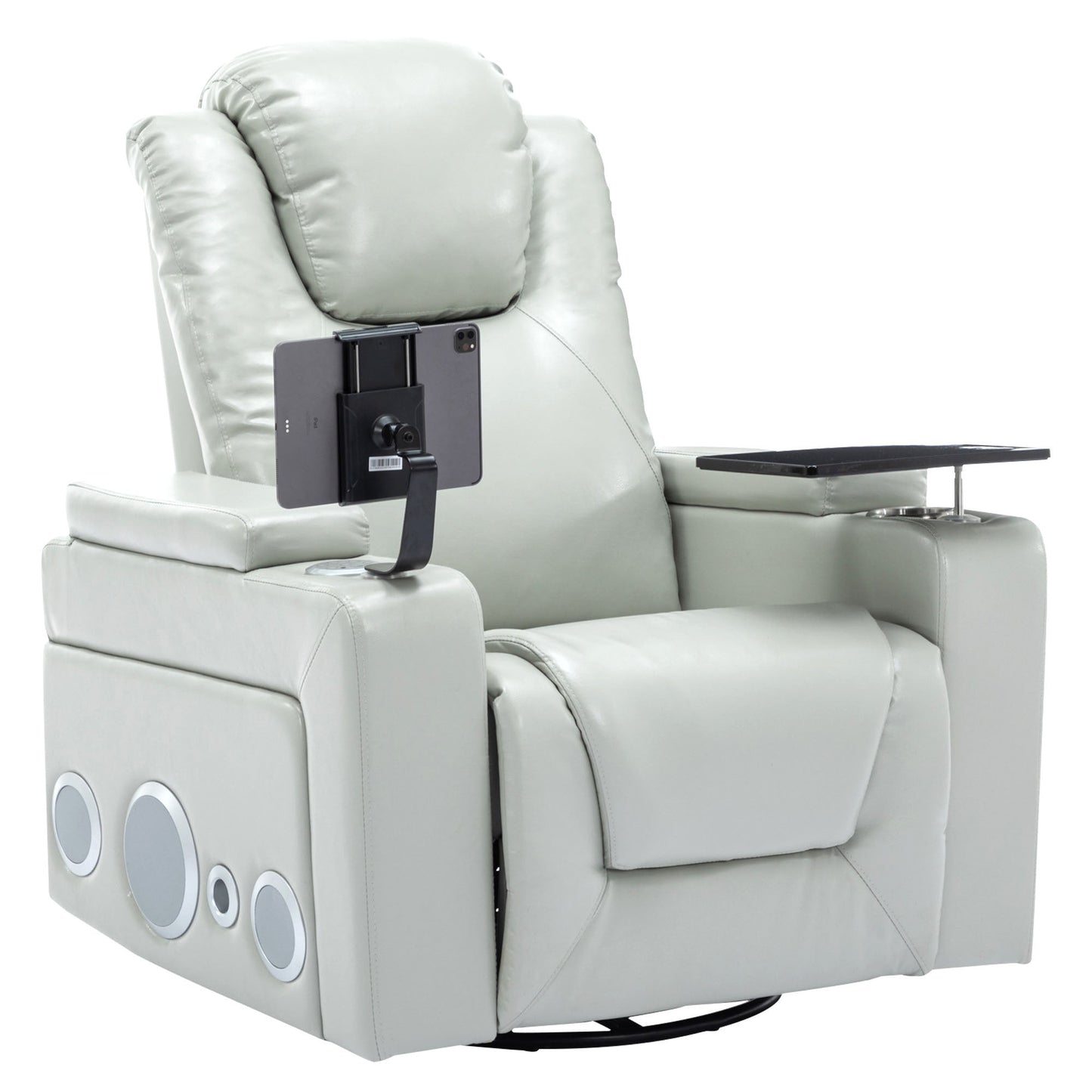 270 Degree Swivel PU Leather Power Recliner Individual Seat Home Theater Recliner with Surround Sound, Cup Holder, Removable Tray Table, Hidden Arm Storage for Living Room, Grey