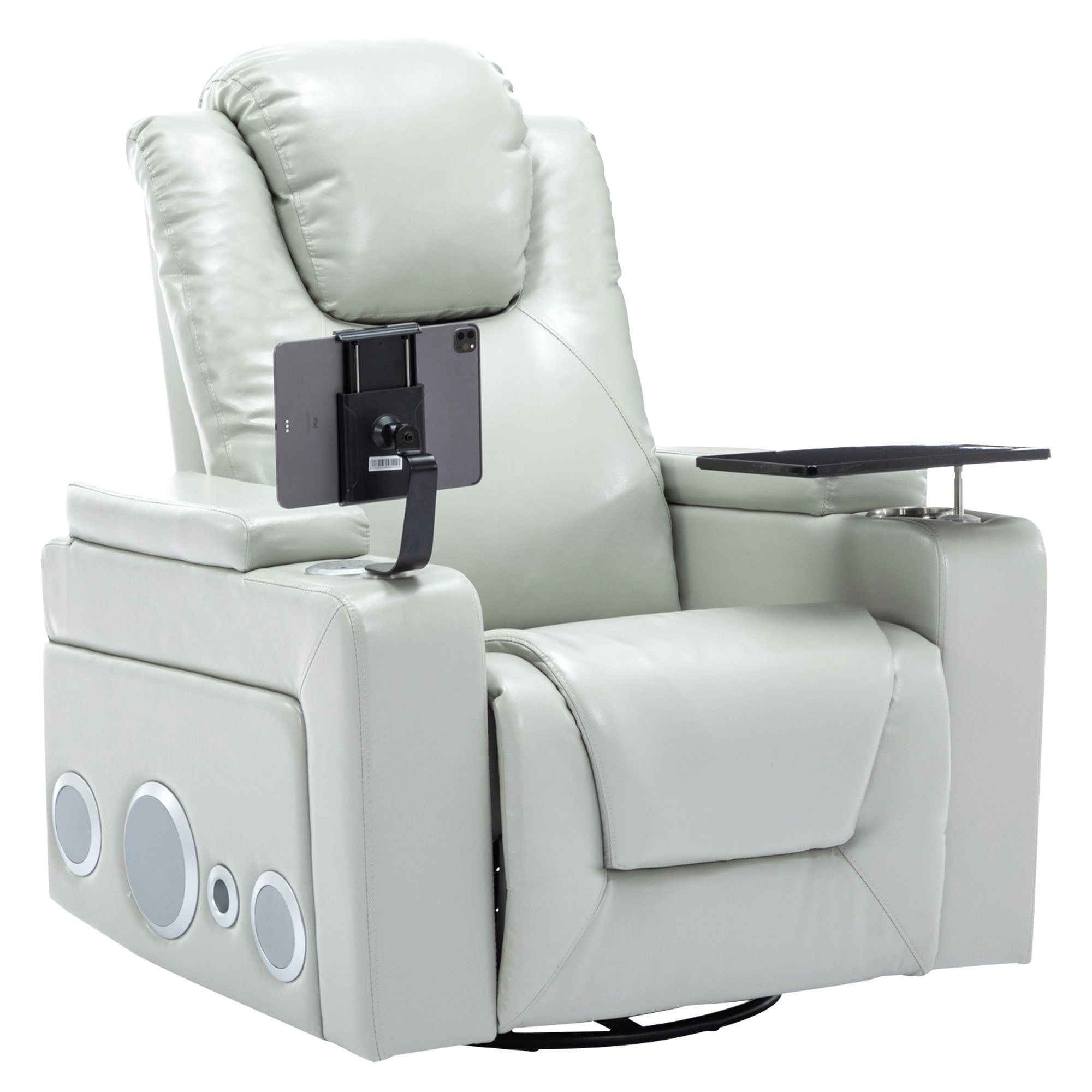 270 Degree Swivel PU Leather Power Recliner Individual Seat Home Theater Recliner with Surround Sound, Cup Holder, Removable Tray Table, Hidden Arm Storage for Living Room, Grey