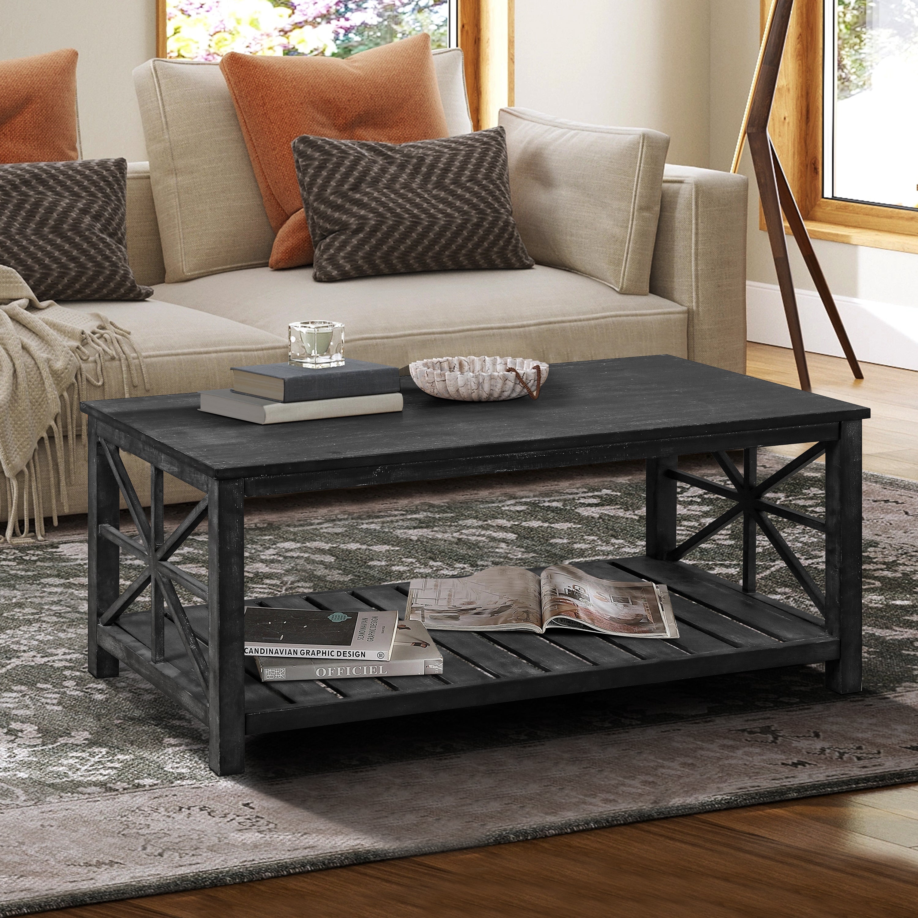 52''W  Handcrafted Coffee Table In Front Of The Sofa Or Loveseat For Living Room(Antique Black Color)