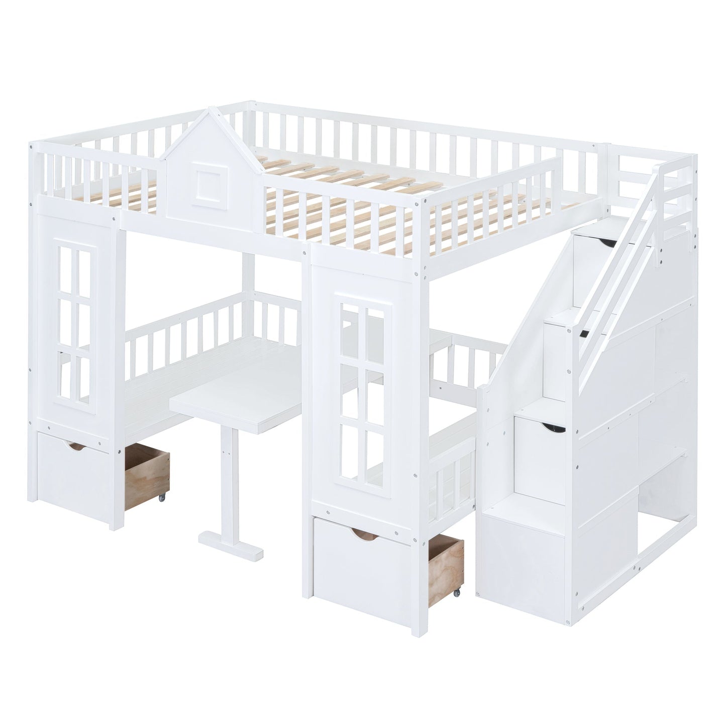 Full-Over-Full Bunk Bed with Changeable Table, Bunk Bed Turn into Upper Bed and Down Desk -White