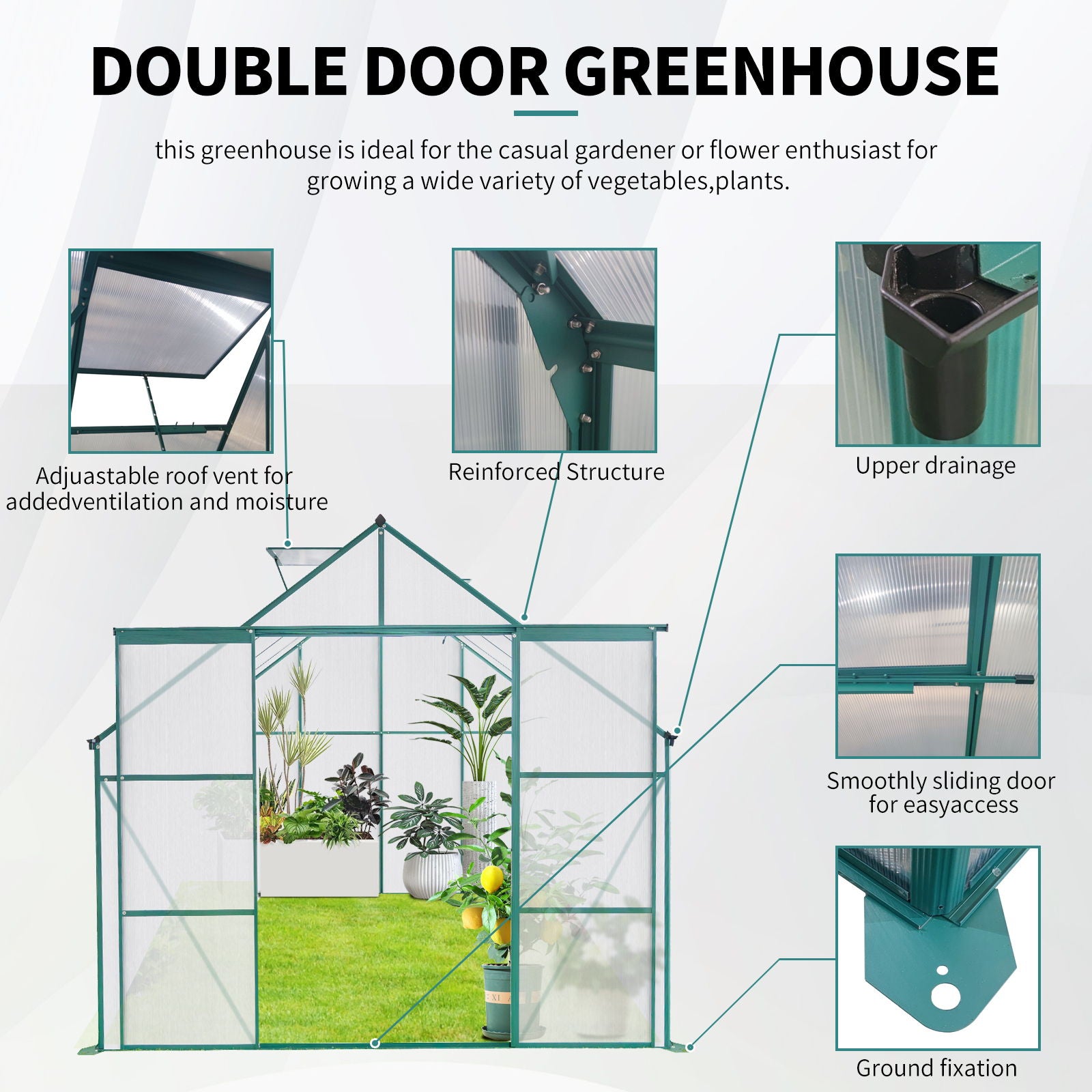 Double Door Polycarbonate Greenhouse Raised Base And Anchor Aluminum Heavy Duty Walk In Greenhouses For Outdoor Backyard In All Season