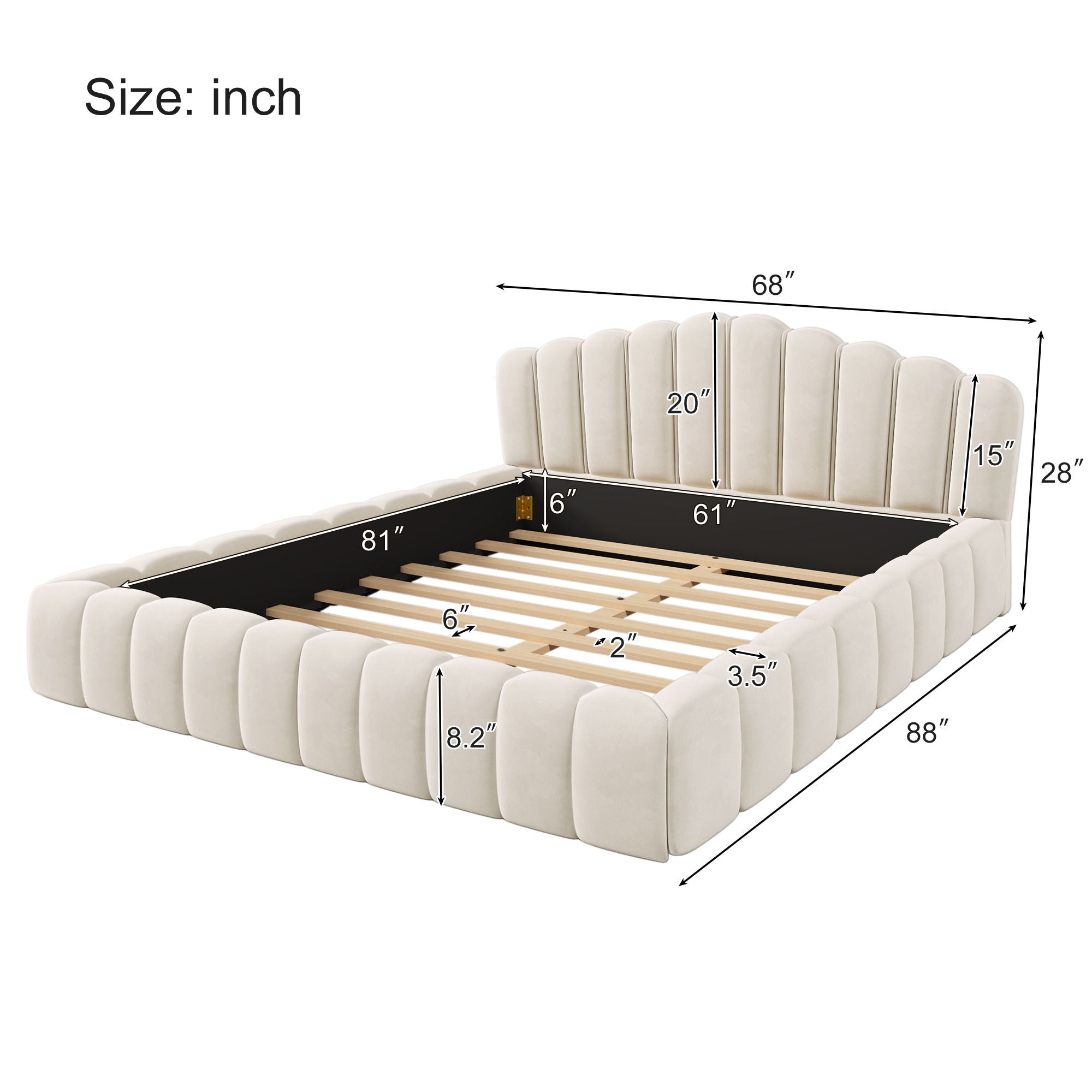 Floor Bed Frame Shell Shaped Headboard For Bedroom, No Box Spring Needed