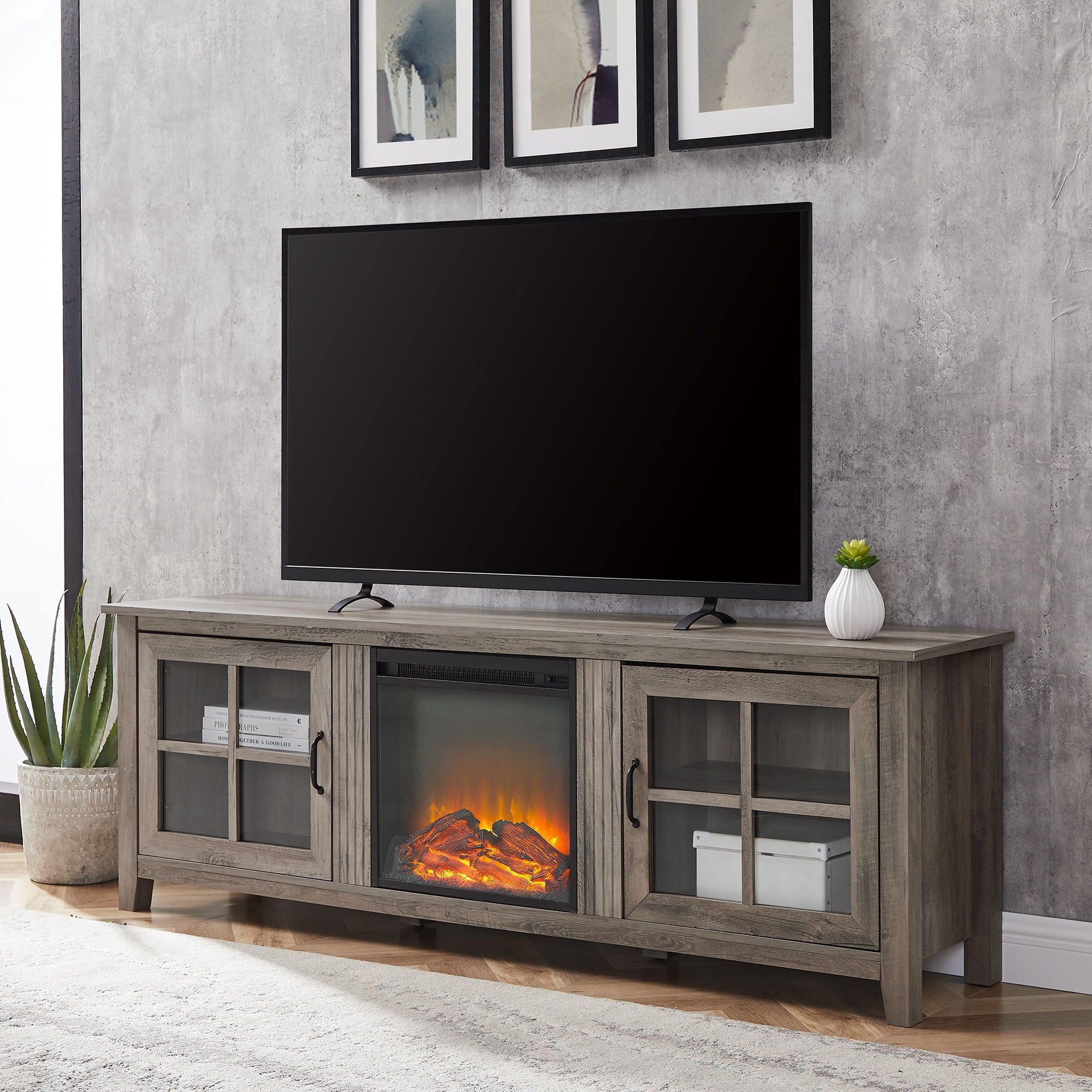 Modern Farmhouse 2 Door Glass Windowpane 70" Fireplace TV Stand For 80" TVs