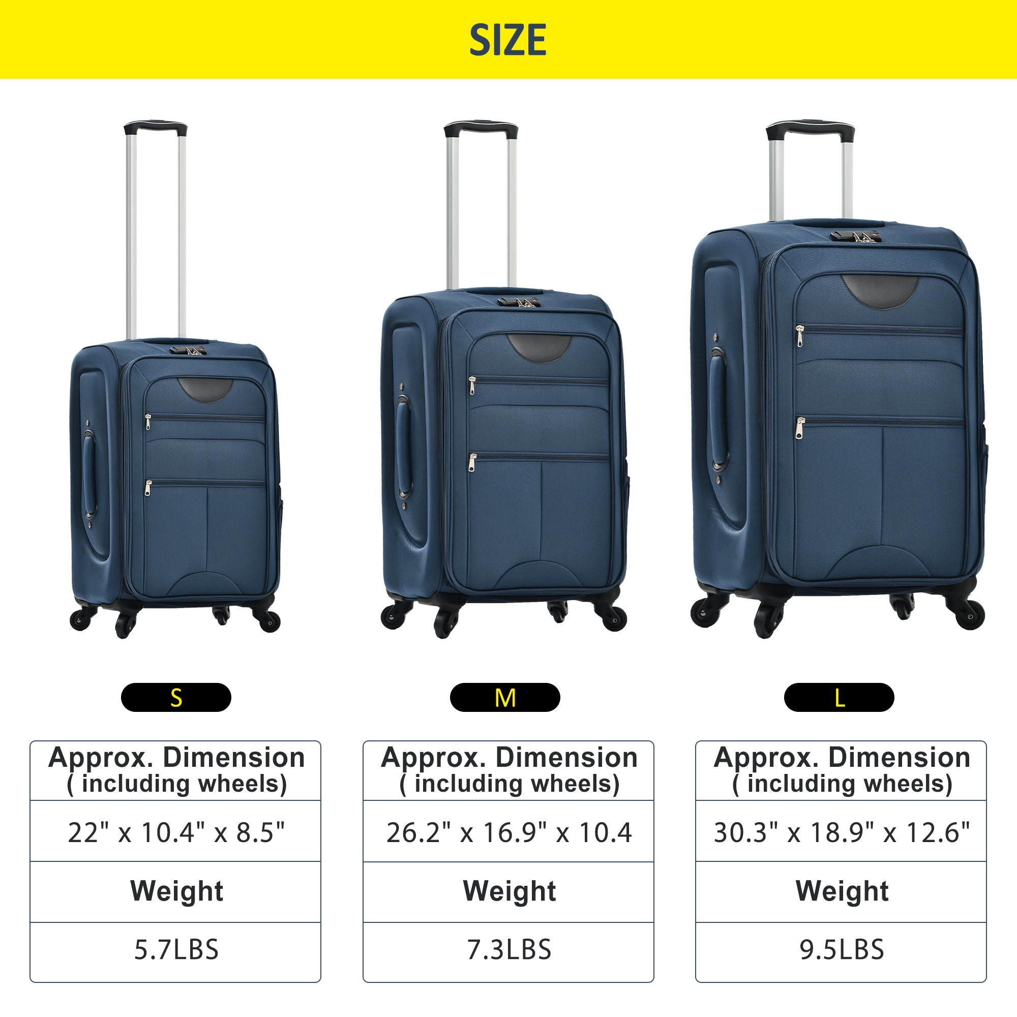 Softside Luggage Expandable 3 Piece Set Suitcase Upright Spinner Softshell Lightweight Luggage Travel Set - Dark Blue