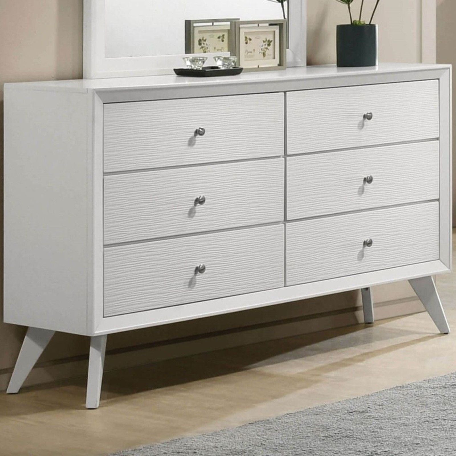 1 Piece Dresser With Angled Legs, Wave Texture And Round Knobs - White