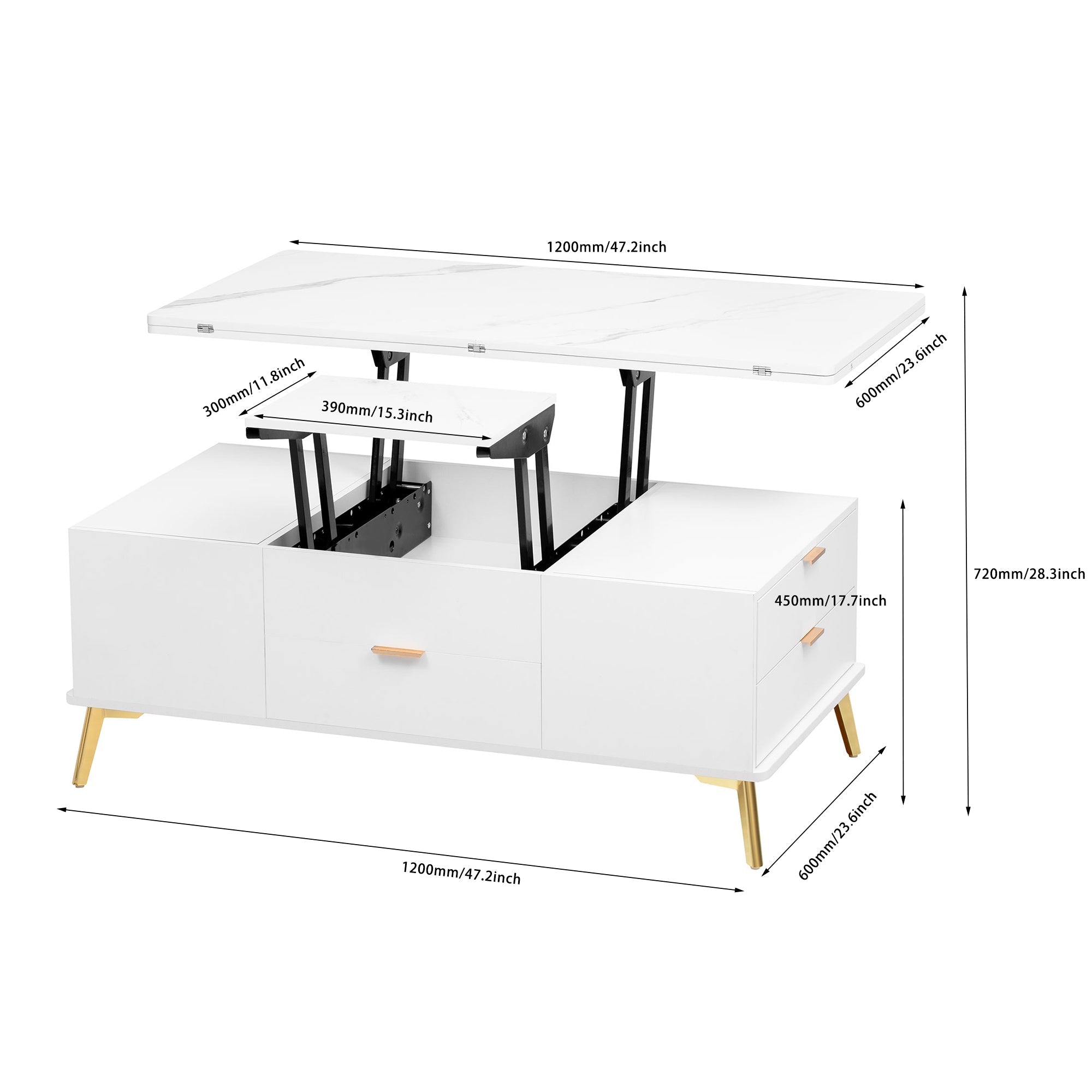 Modern Lift Top Coffee Table Multi Functional Table with Drawers in  White