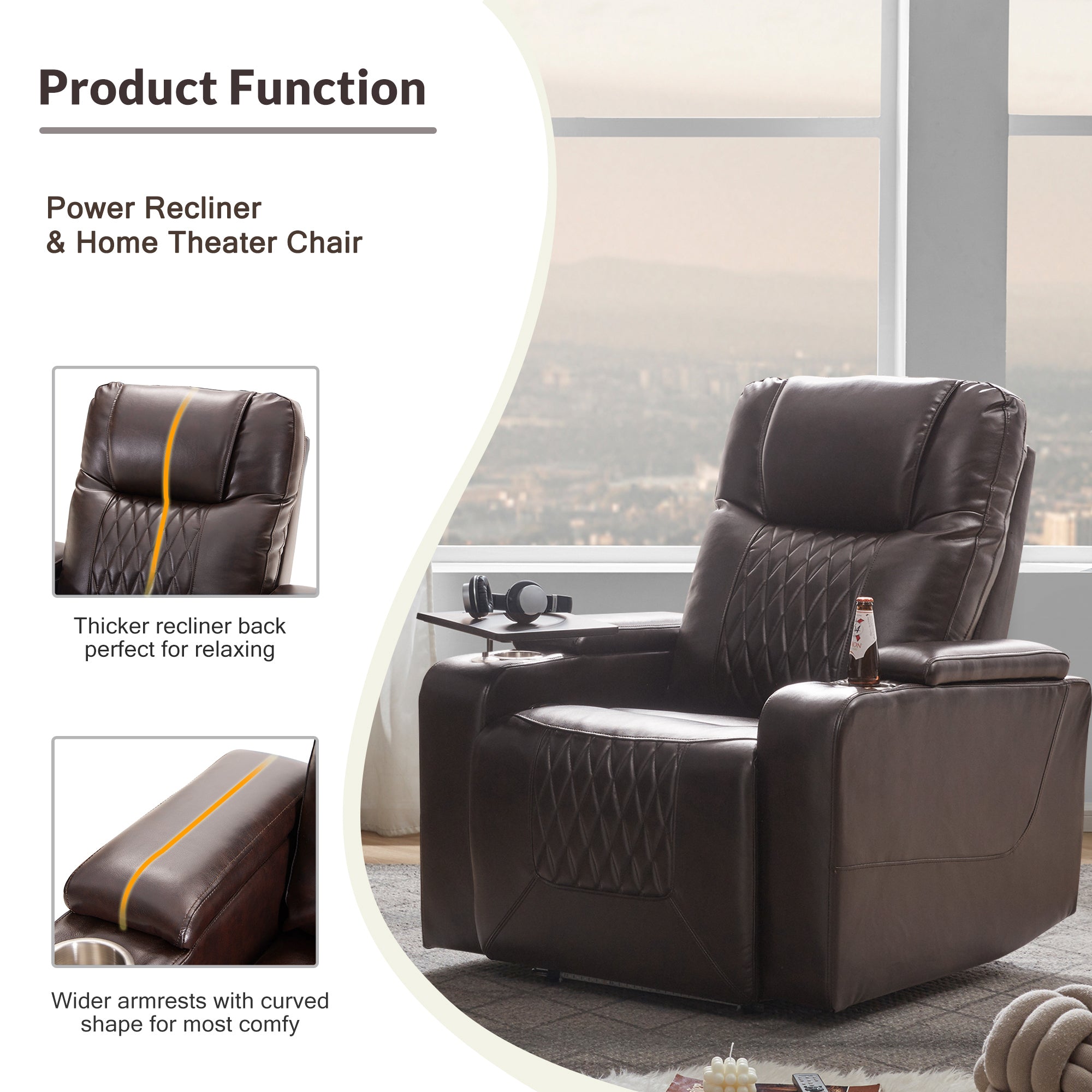 Power Motion Recliner with USB Charging Port and Hidden Arm Storage 2 Convenient Cup Holders Design and 360° Swivel Tray Table,Brown (old sku: SG000630AAD)