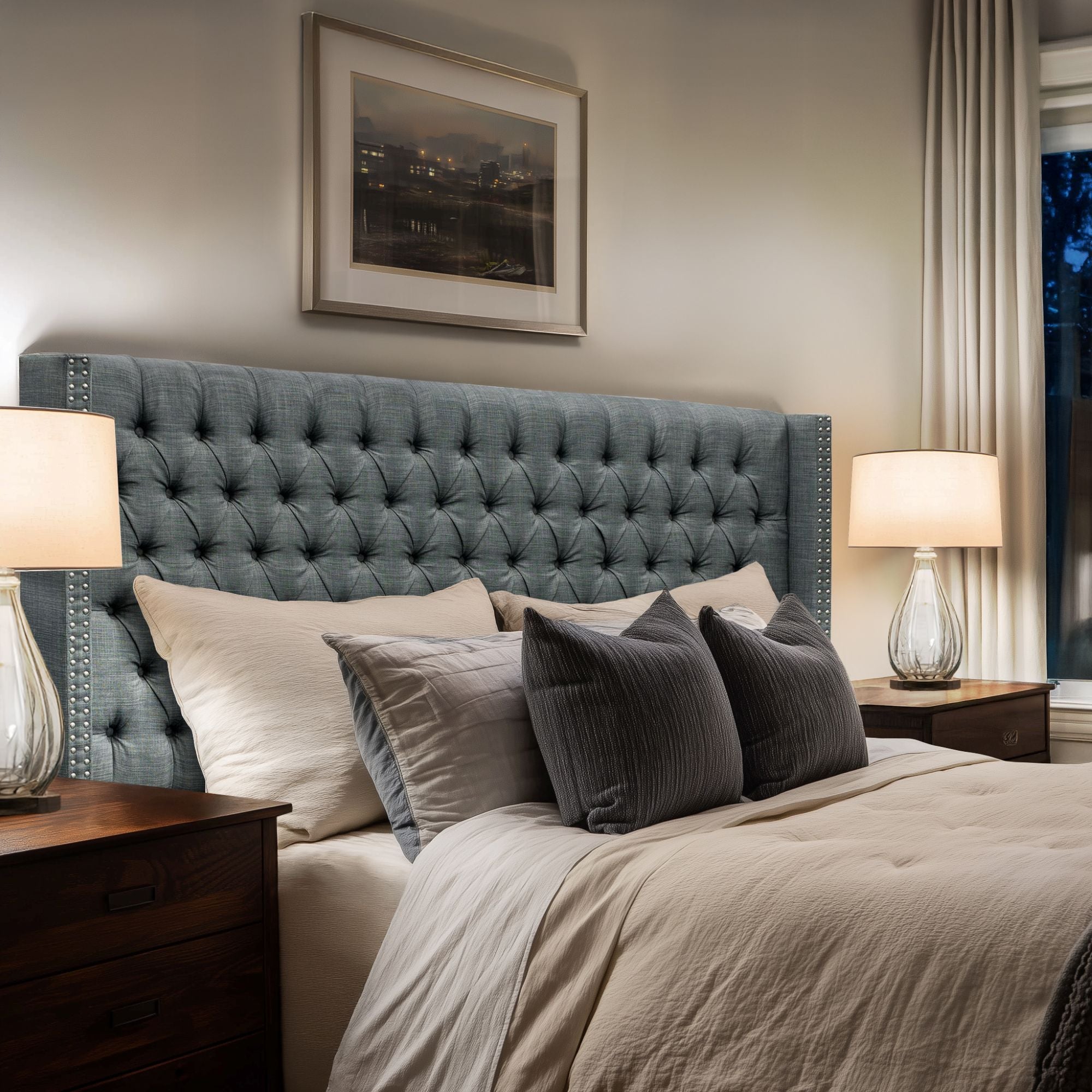 Amelia - King Upholstered Wingback Headboard With Button Tufting & Nailhead Trim Woven - Dark Gray