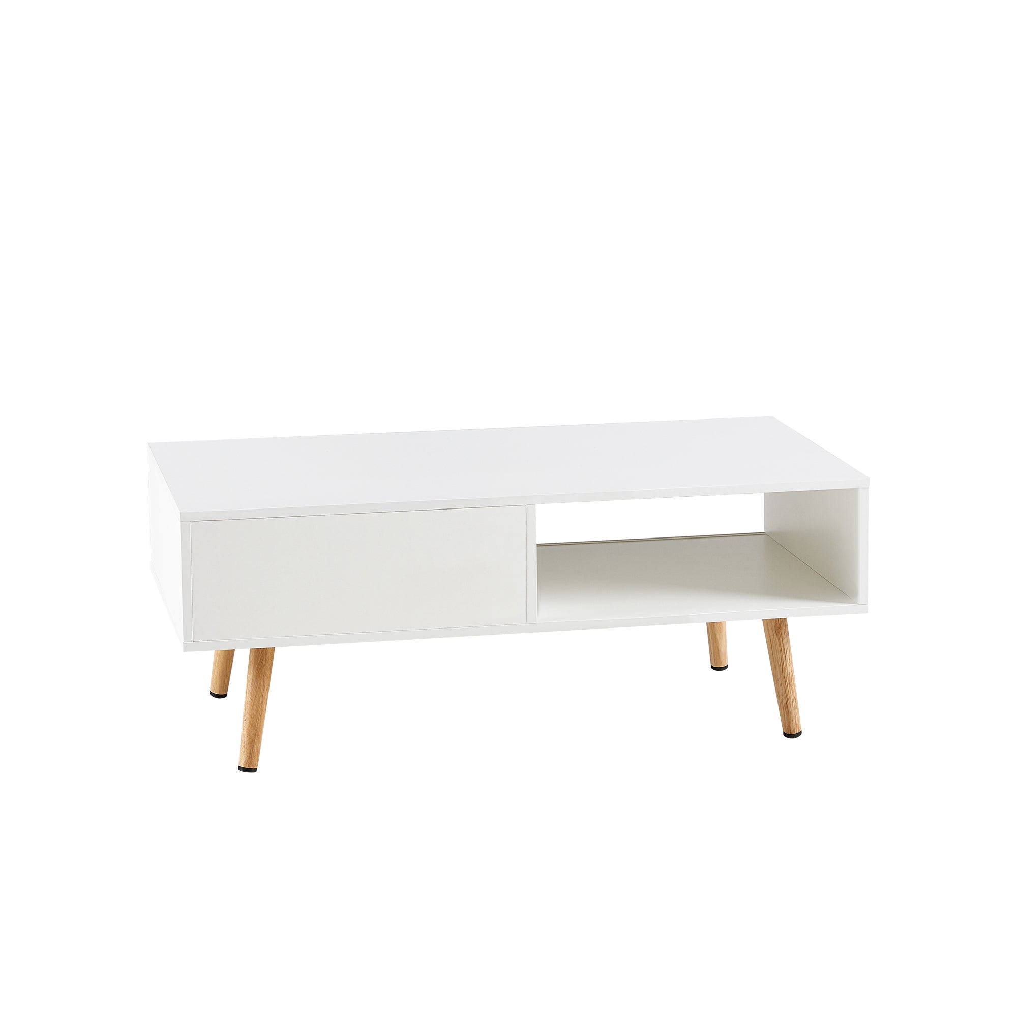 41.34" Rattan Coffee table, sliding door for storage, solid wood legs, Modern table  for living room ,White