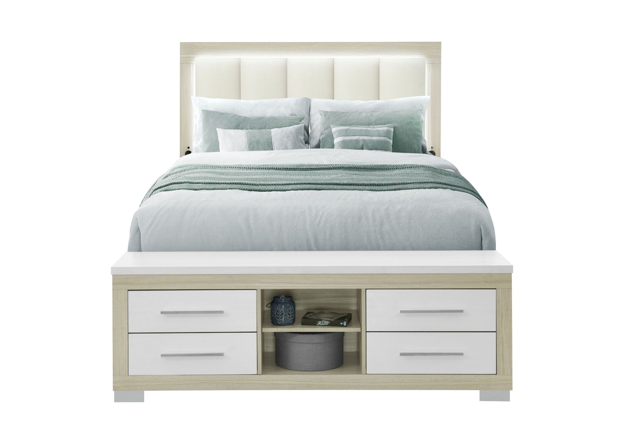 Emma - Queen Bed Headboard With LED And USB - Natural / White