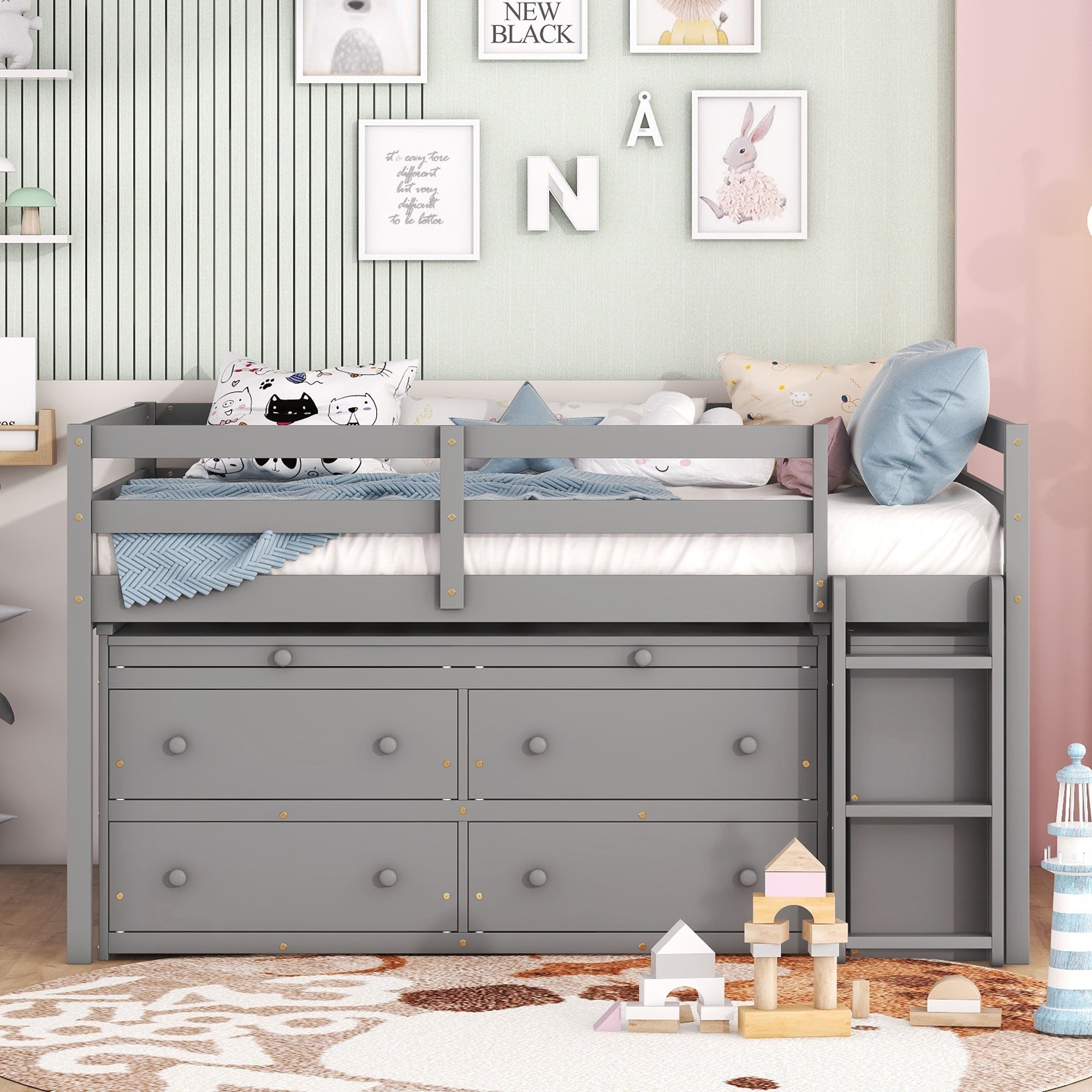 Full Size Loft Bed with Retractable Writing Desk and 4 Drawers, Wooden Loft Bed with Lateral Portable Desk and Shelves, Gray