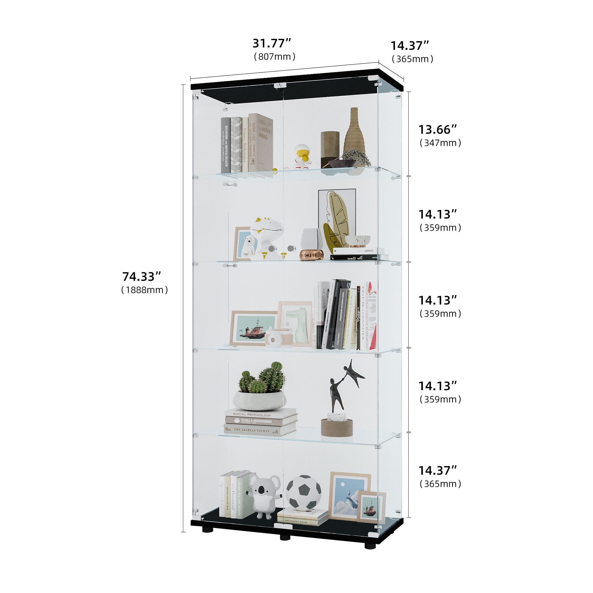 Glass Display Cabinet with 5 Shelves Double Door, Curio Cabinets for Living Room, Bedroom, Office, Black Floor Standing Glass Bookshelf, Quick Installation