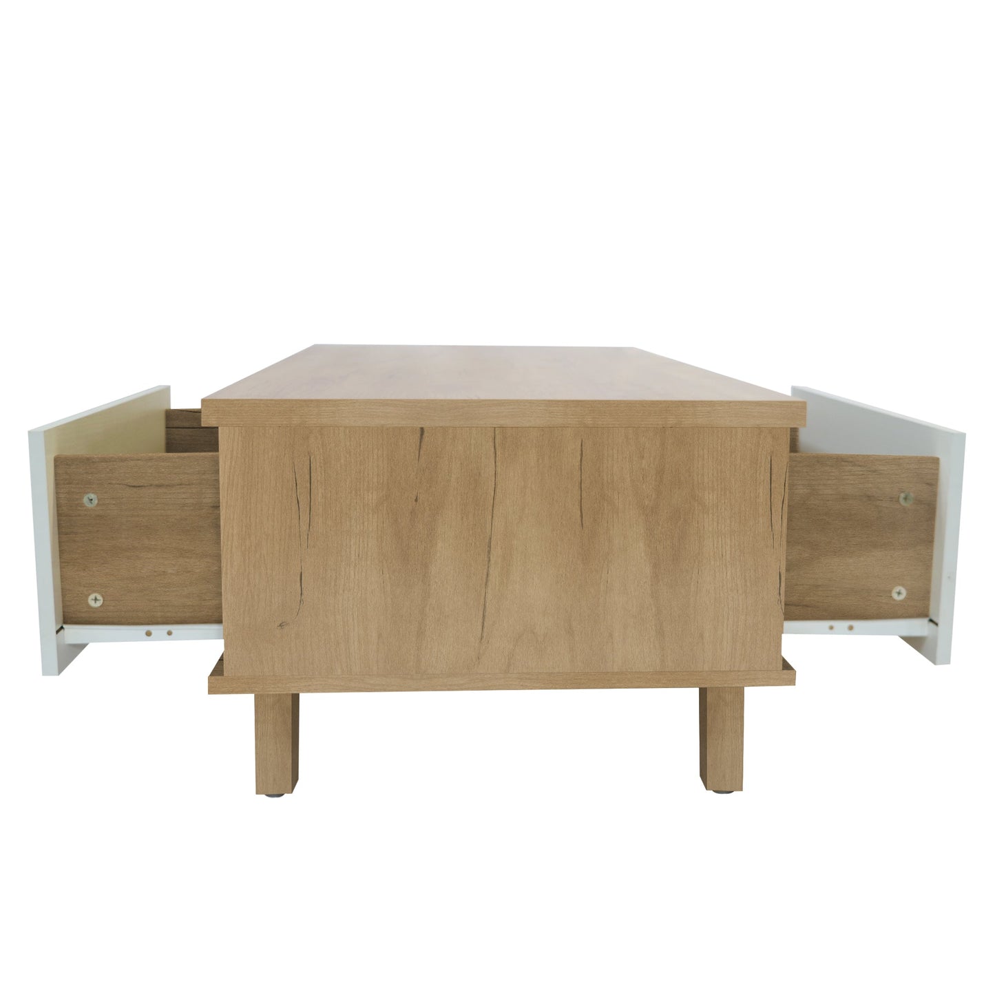 COFFEE TABLE computer table, wood+white color, solid wood handles and legs, two drawers