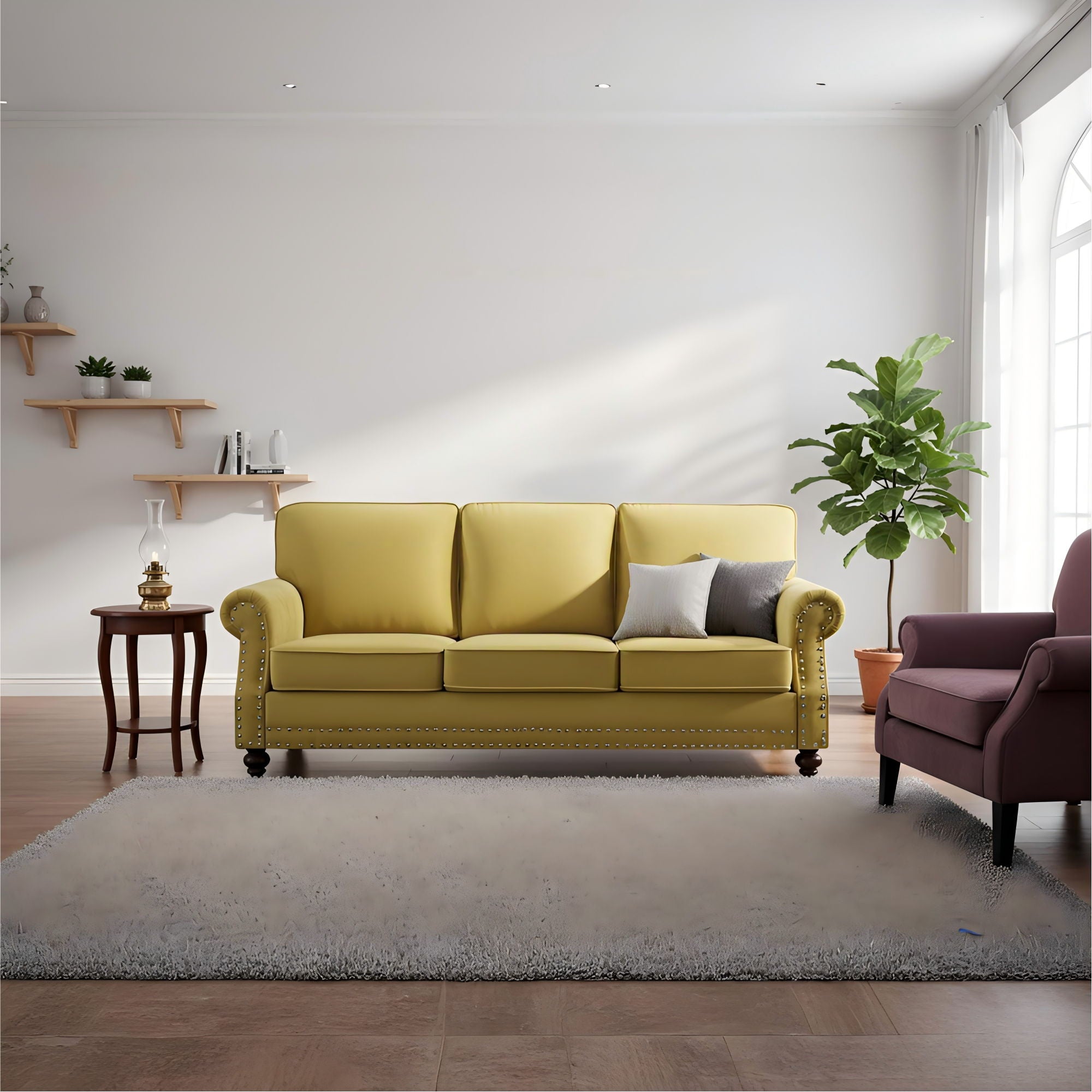3 Seater Sofa With Nailhead Trim And Turned Legs For Living Room