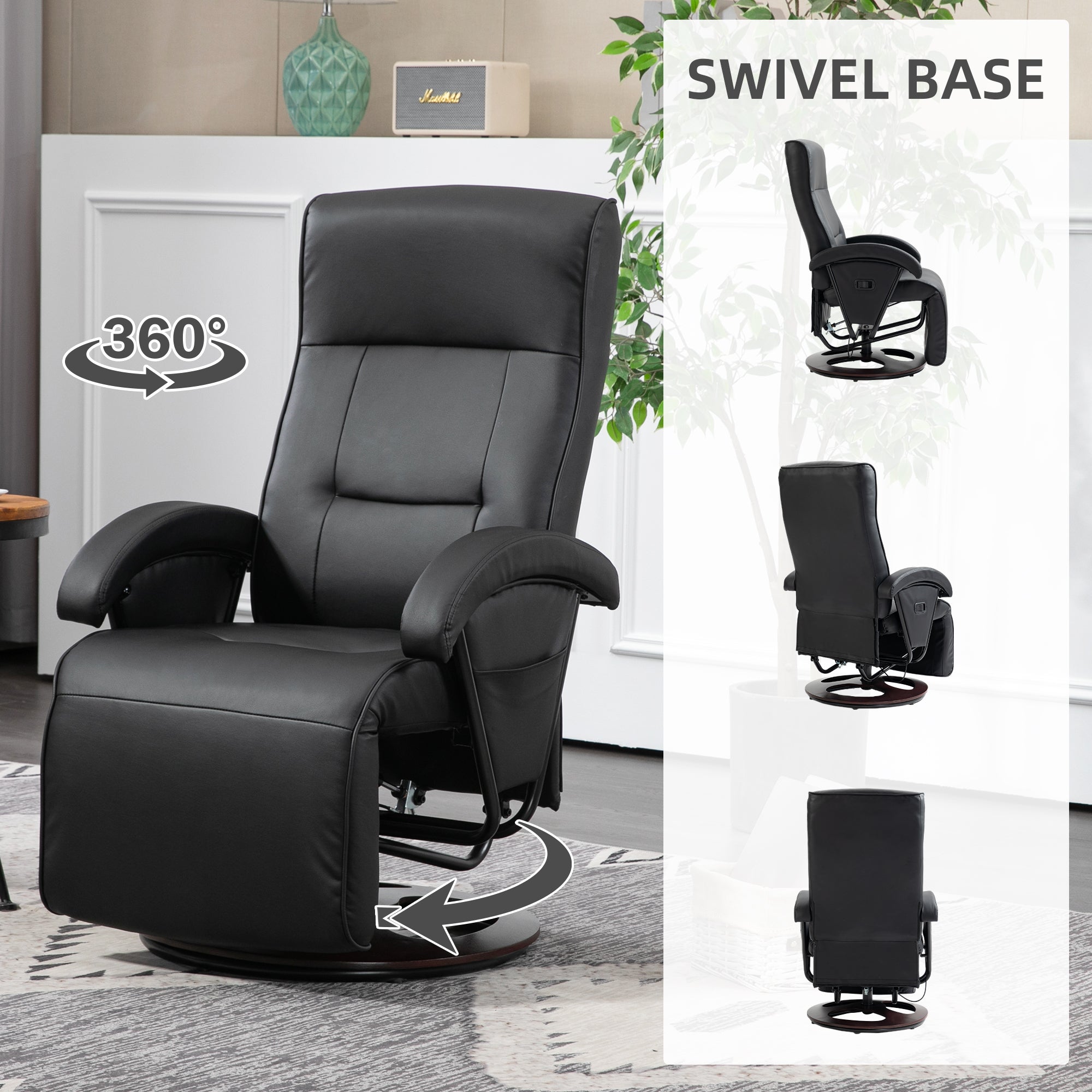 HOMCOM PU Recliner with Footrest, Lounge Chair with 135° Adjustable Backrest, Swivel Wood Base, Padded Seat & Armrests for Living Room, Black