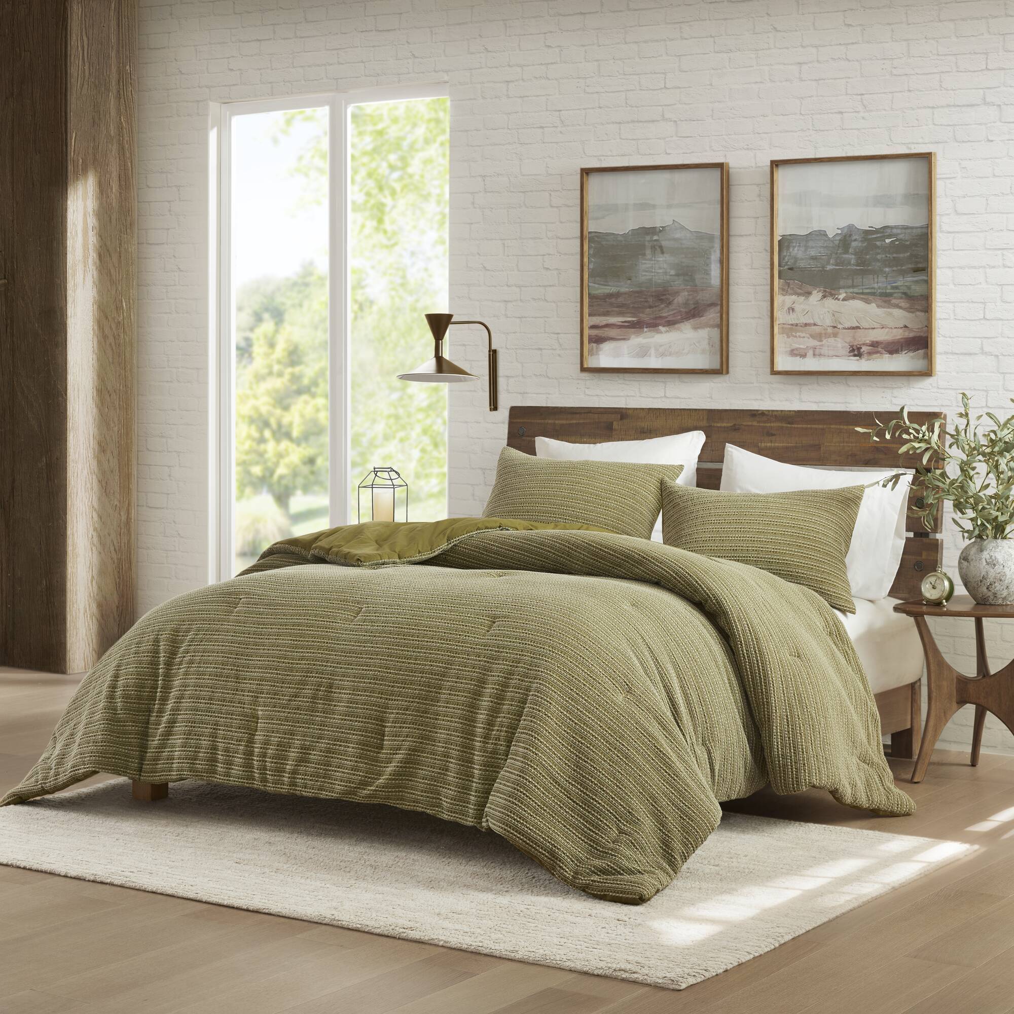 Lyon - 3 Piece King/California King Waffle Washed Comforter Set - Green