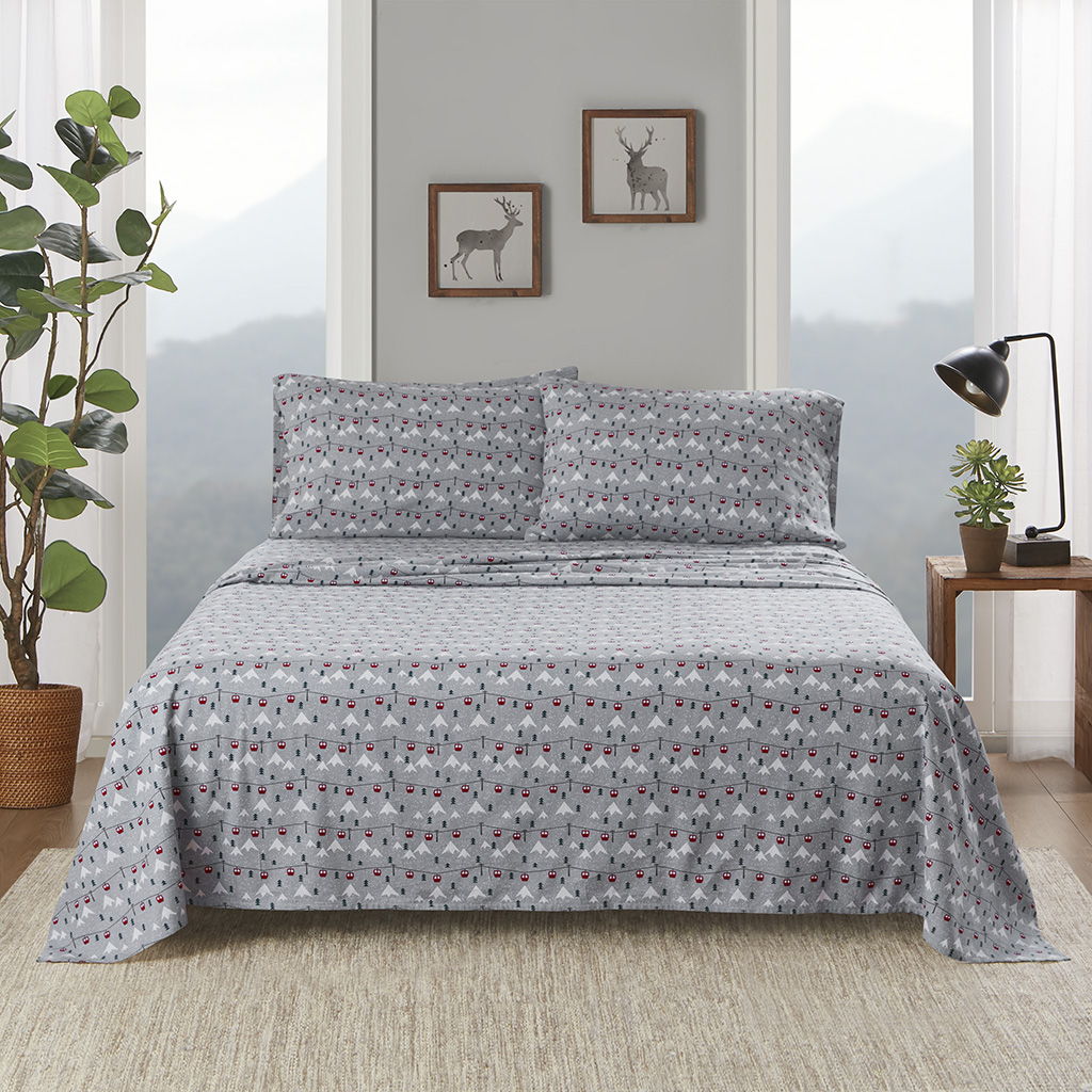 Flannel - 4 Piece Full Sheet Set - Gray Ski Jump