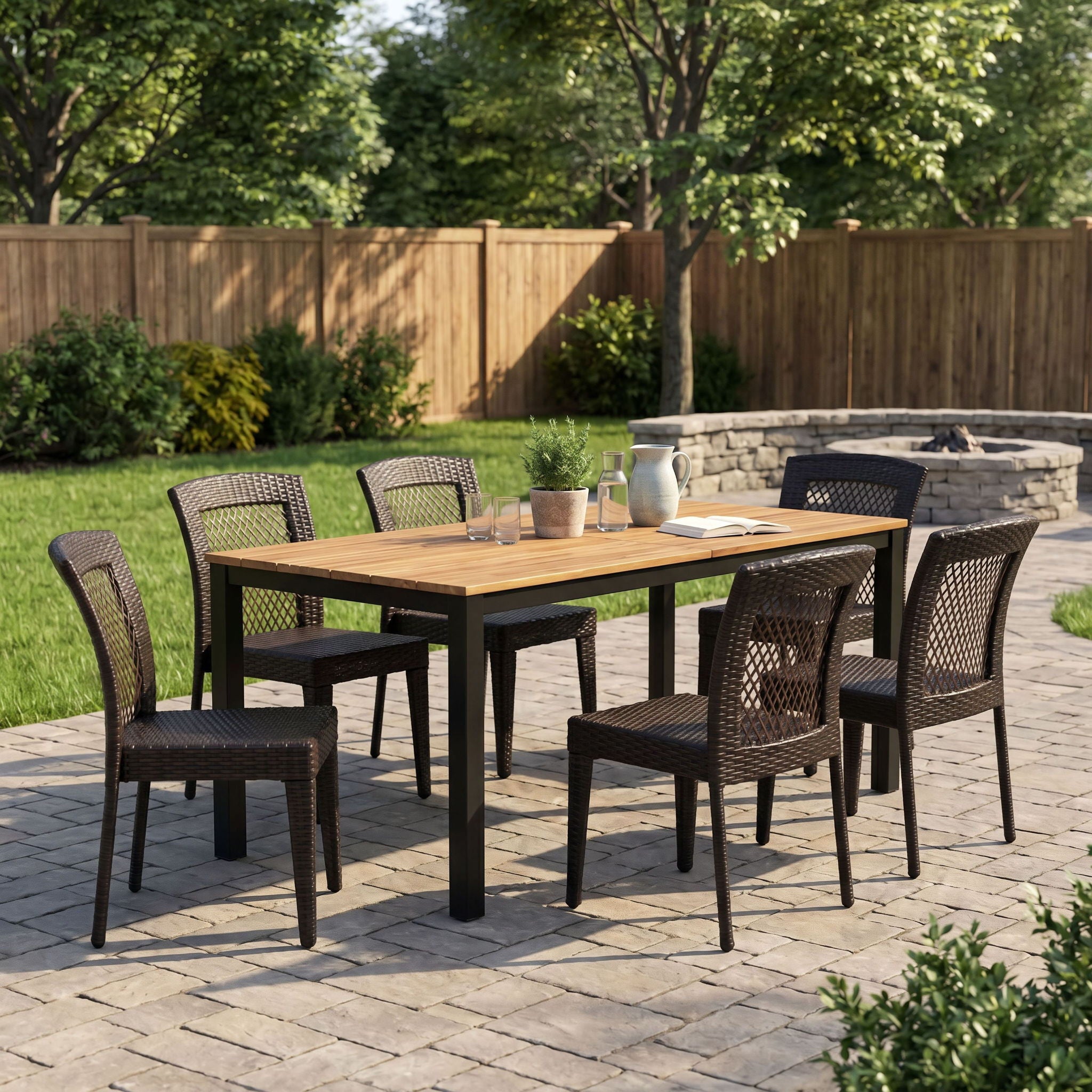 7 Piece Outdoor Dining Set With Table And 6 Chairs - Brown Multi