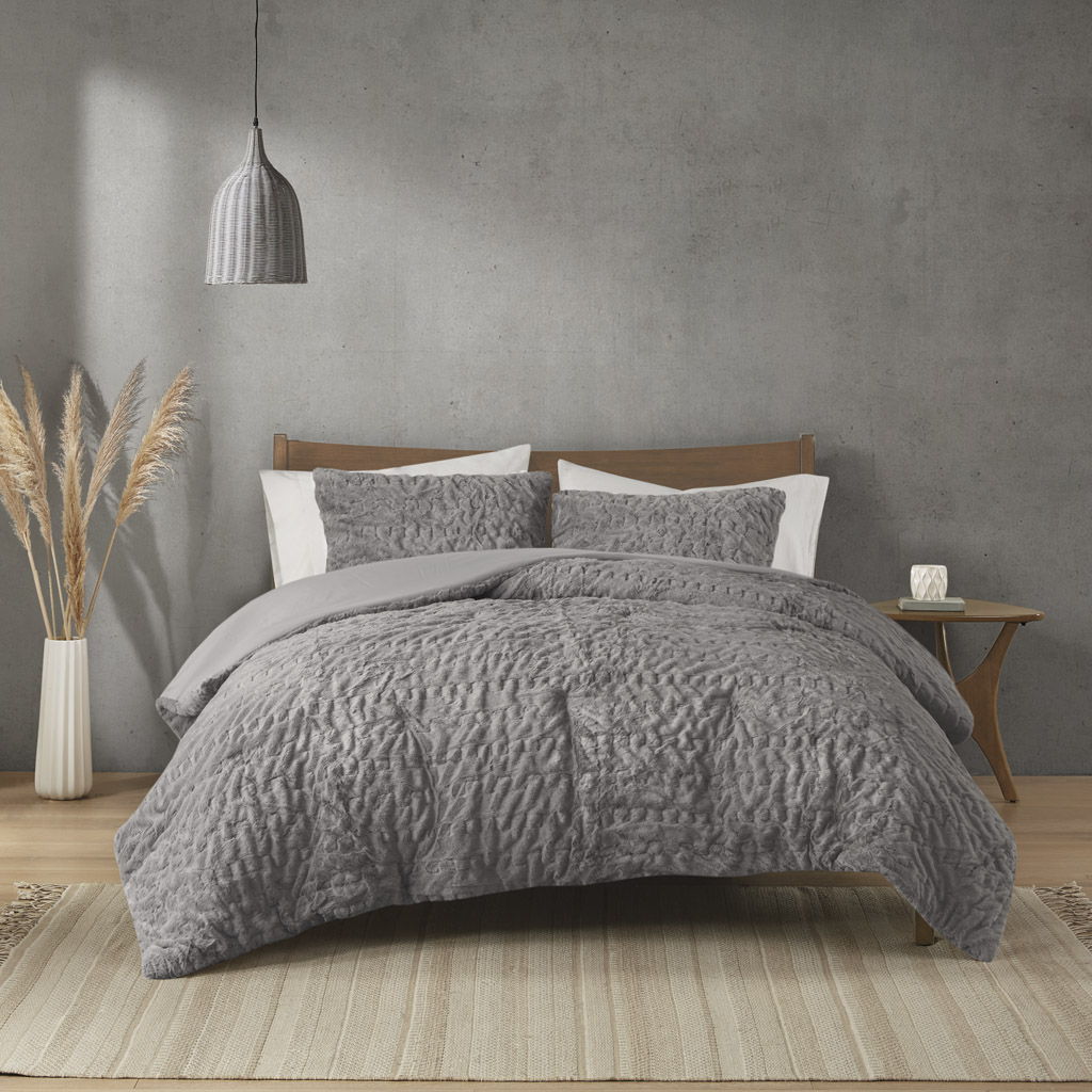 Blair - Ruched Fur Down Alternative King Comforter Set - Gray