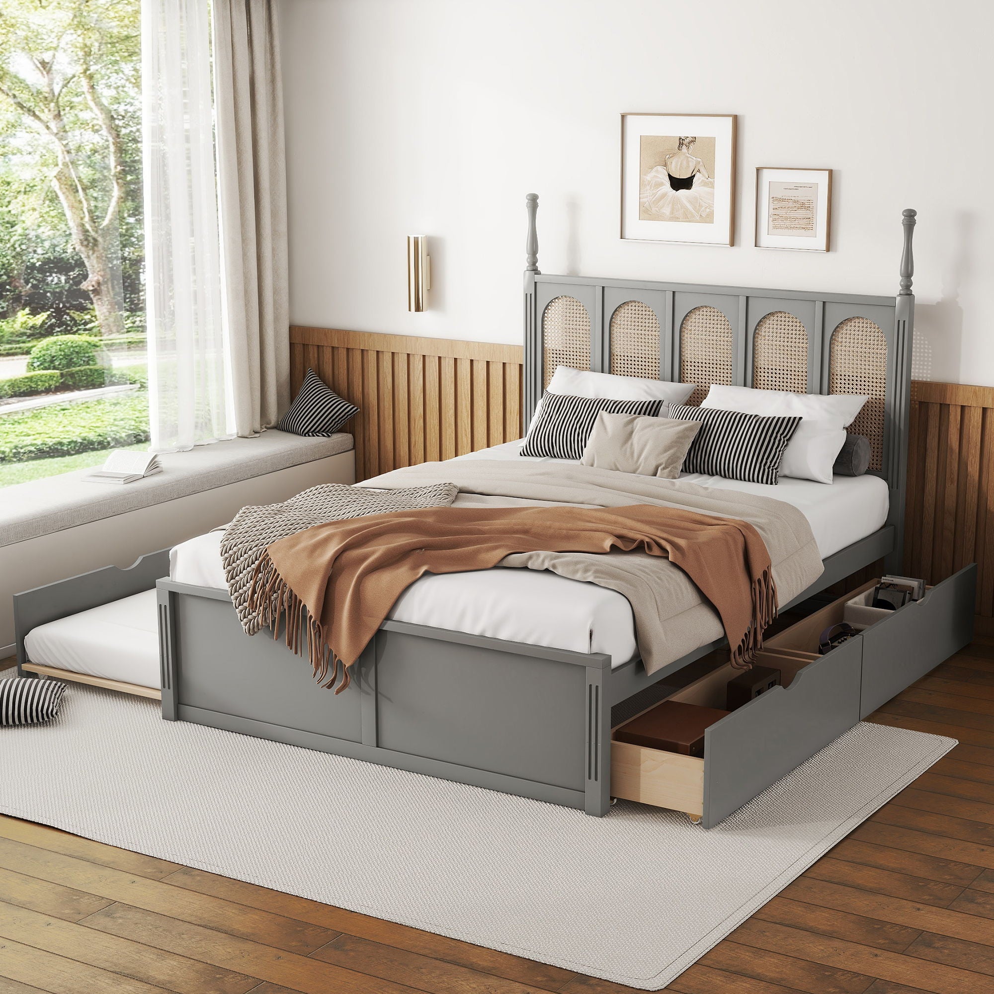 Rattan Platform Bed With With 2 Big Drawers With Trundle