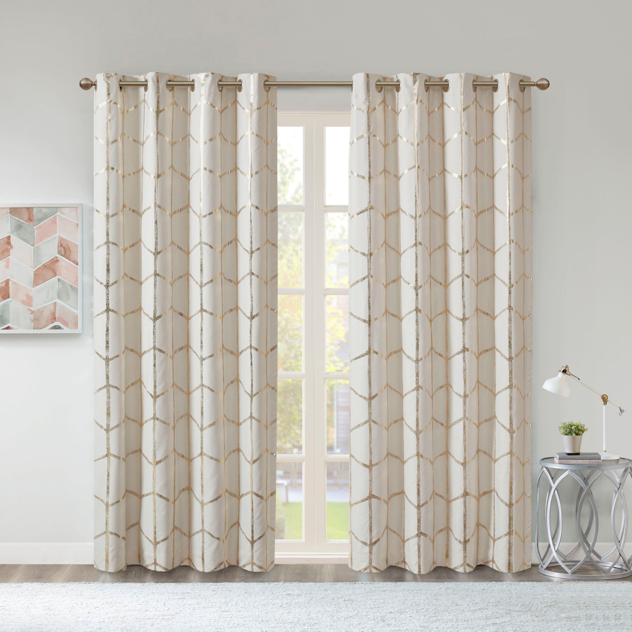 Raina - Total Blackout Metallic Print Grommet Top Curtain Panel Pair - Ivory / Gold