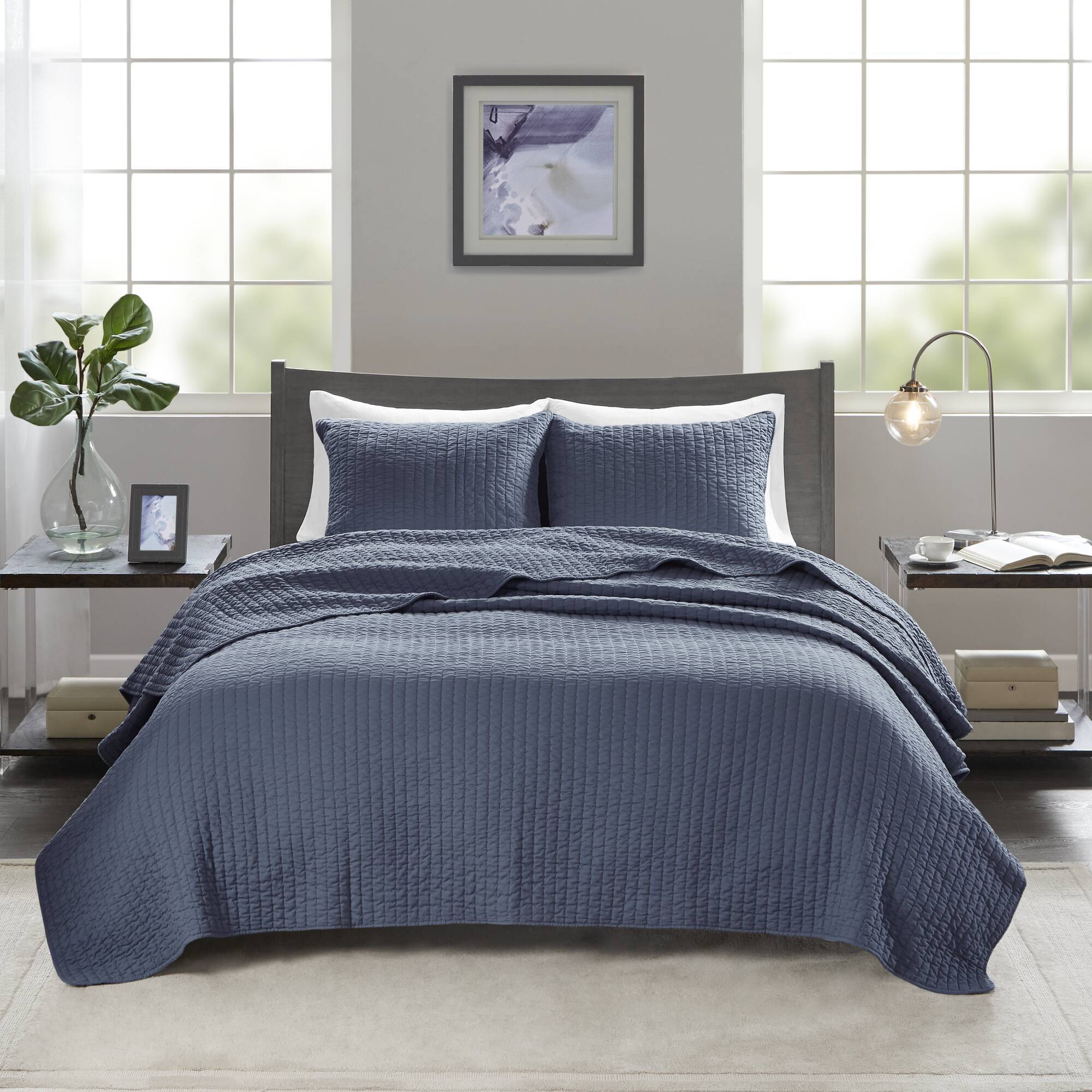 Keaton - King Reversible Coverlet Set - Navy