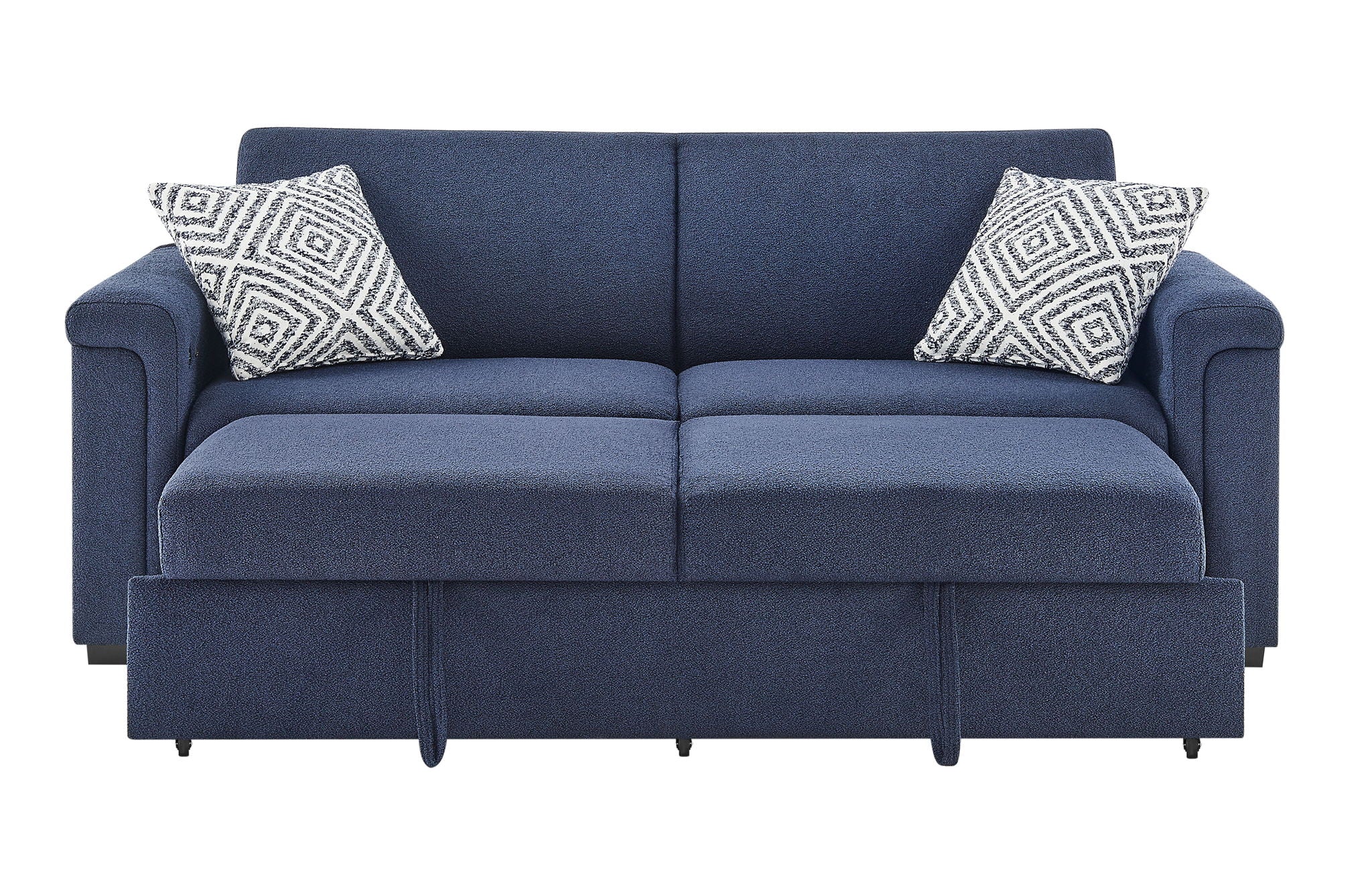 U0211 - Pull Out Sofa Bed With Wooden Bookcase Arm With LED Acrylic Shelves And Speakers - Navy