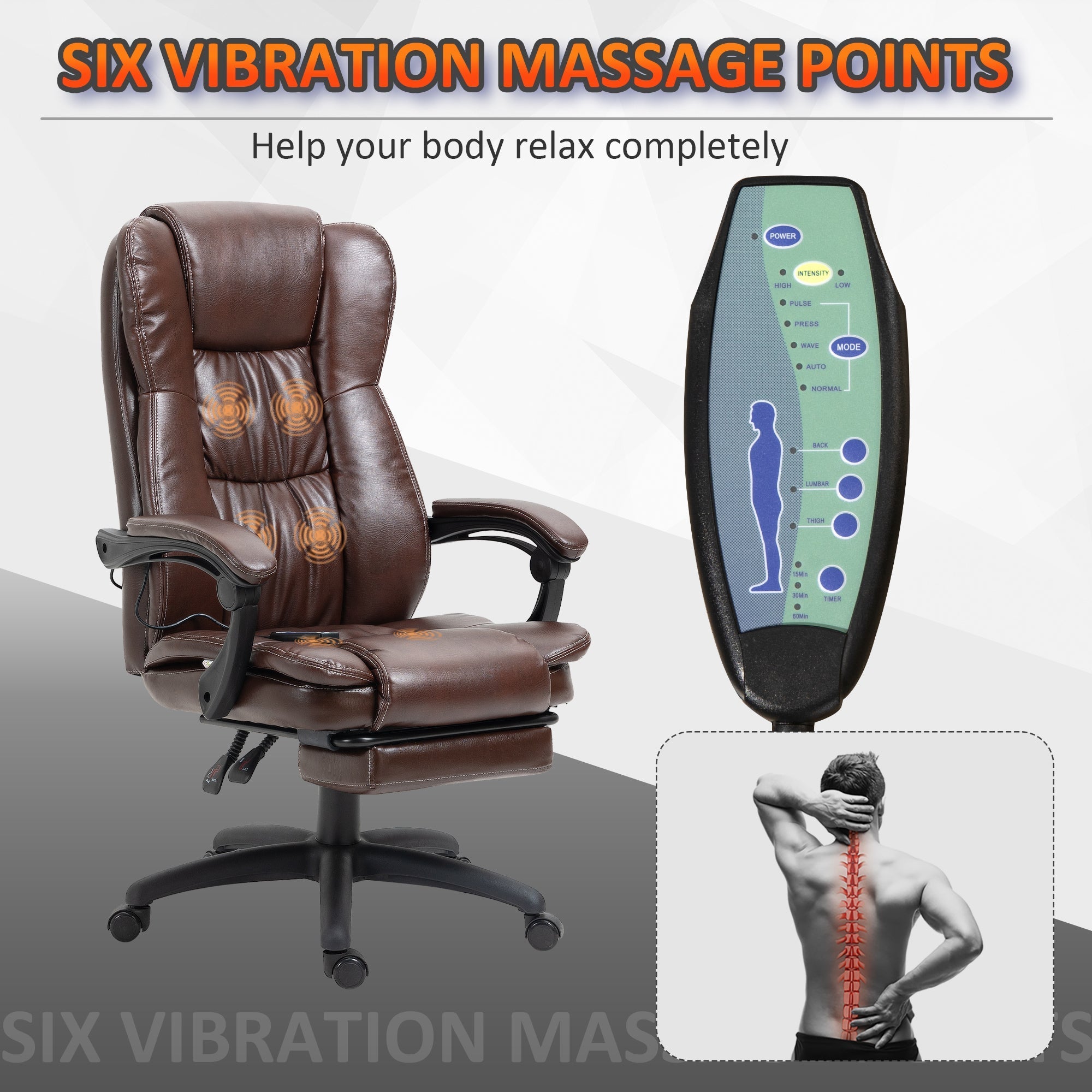 High Back Massage Office Chair with 6-Point Vibration, 5 Modes, Executive Chair, PU Leather Swivel Chair with Reclining Back, and Retractable Footrest, Brown