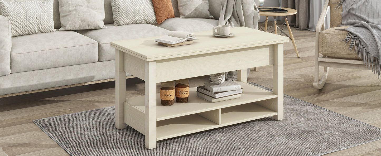 Lift Top Coffee Table, Multi-Functional Coffee Table with Open Shelves, Modern Lift Tabletop Dining Table for Living Room, Home Office, Rustic Ivory