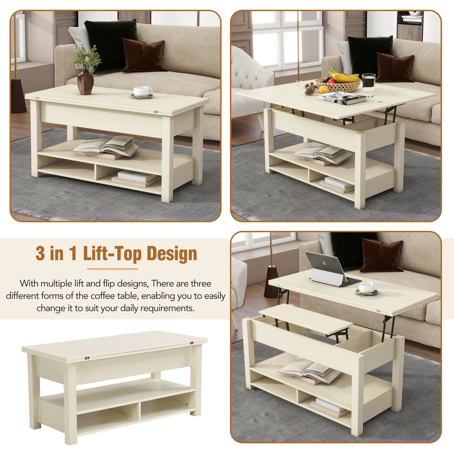 Lift Top Coffee Table, Multi-Functional Coffee Table with Open Shelves, Modern Lift Tabletop Dining Table for Living Room, Home Office, Rustic Ivory