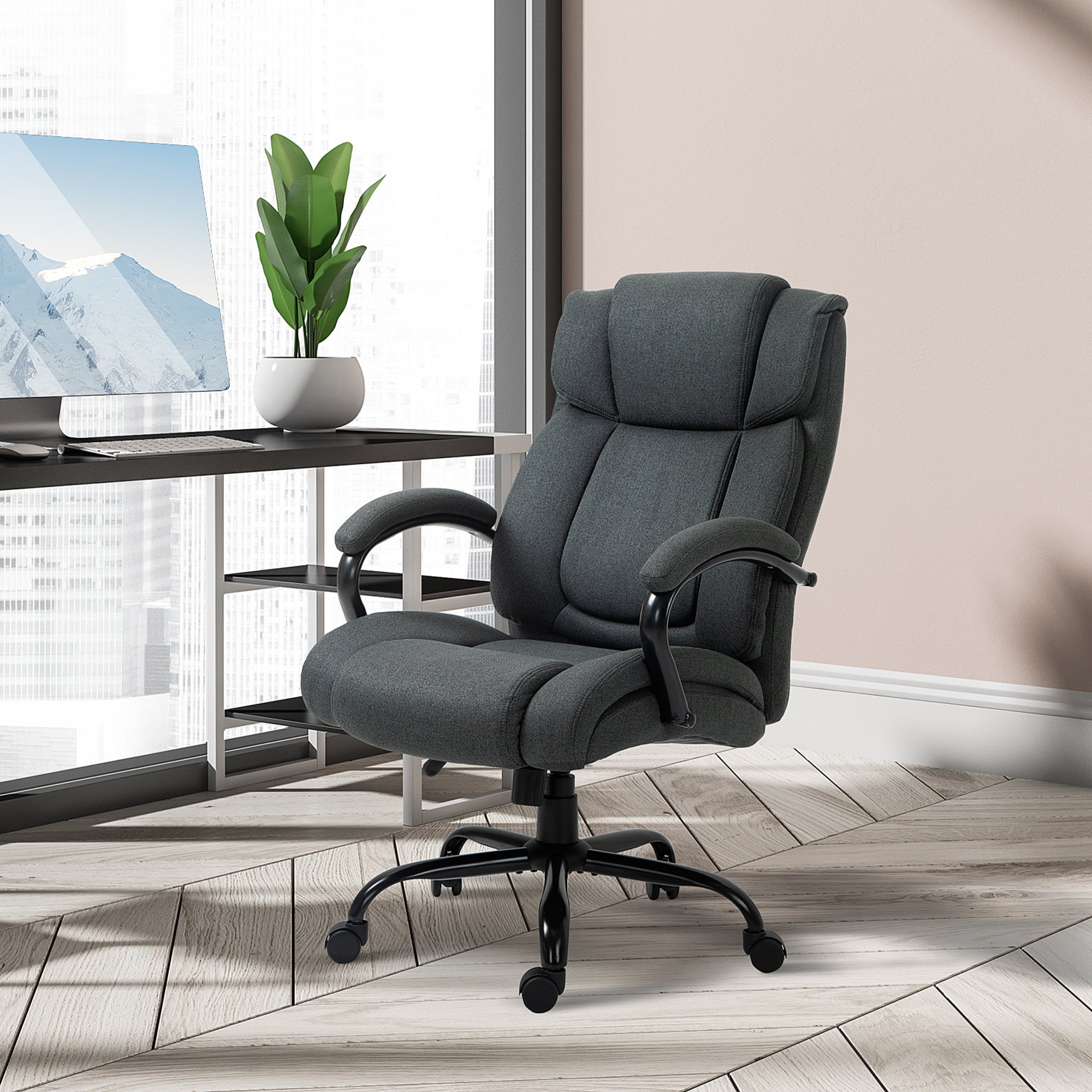 High Back Big and Tall Executive Office Chair 484lbs with Wide Seat, Computer Desk Chair with Linen Fabric, Adjustable Height, Swivel Wheels, Charcoal Grey