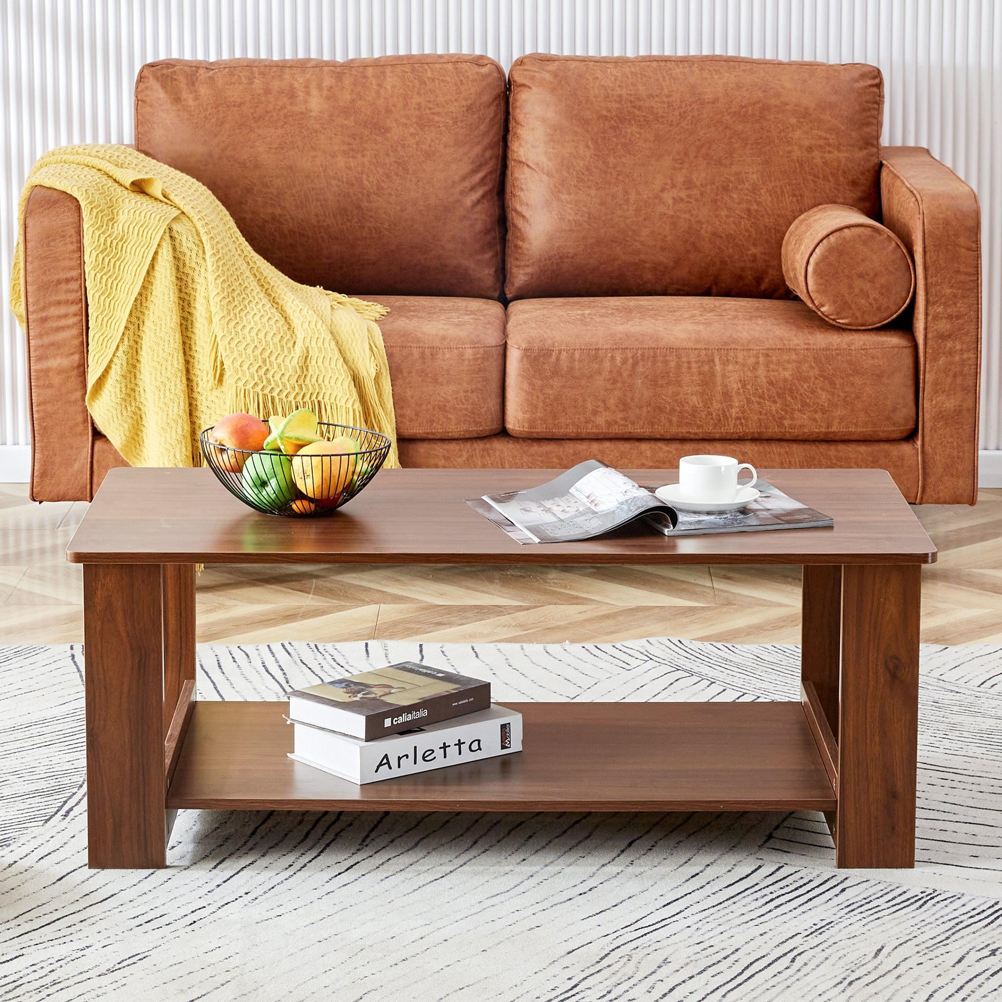 Modern and practical walnut textured coffee tables , tea tables. The double layered coffee table is made of MDF material. Suitable for living room  43.3"*21.6"*16.5"  CT-16