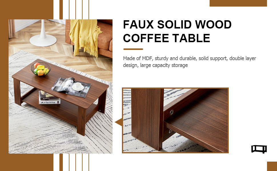 Modern and practical walnut textured coffee tables , tea tables. The double layered coffee table is made of MDF material. Suitable for living room  43.3"*21.6"*16.5"  CT-16