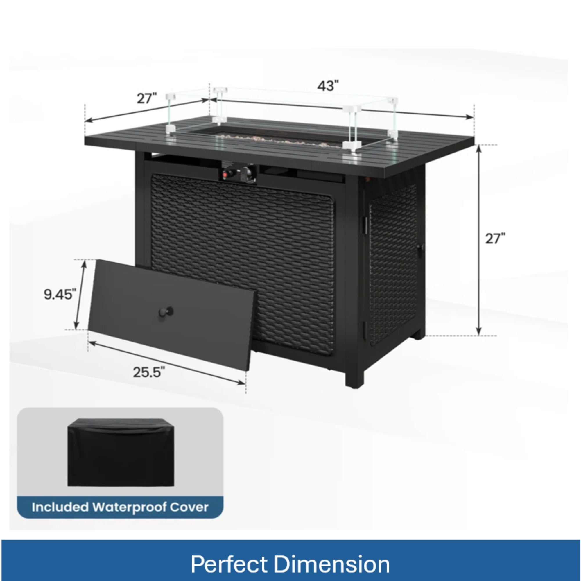 Outdoor 2 In 1 Propane Fire Pit Table With Lid & Glass Shield, Rectangular Fire Table, Lava Rock & Cover - Black