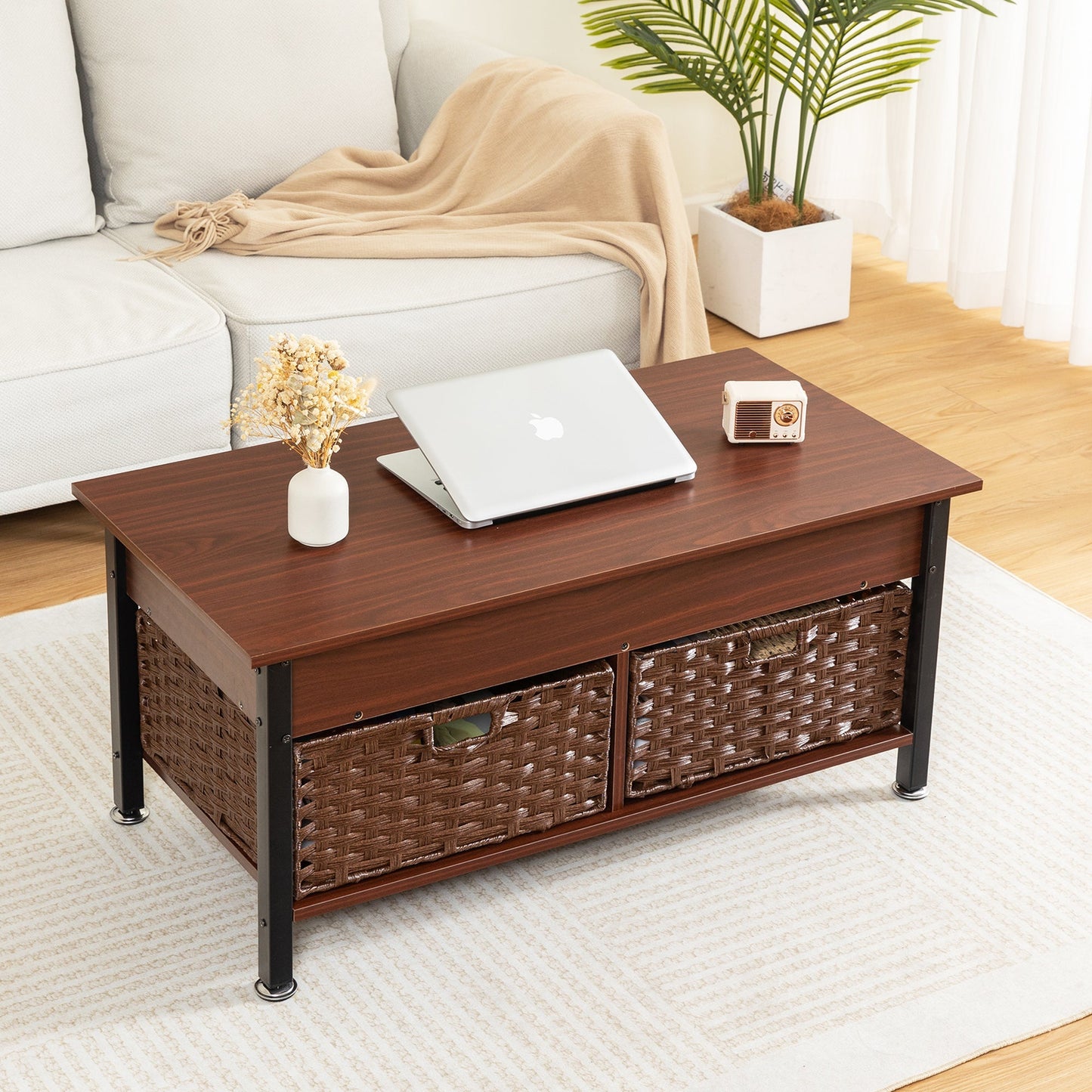 Metal coffee table,desk,with a lifting table,and hidden storage space.There were two removable wicker baskets that could be placed in any space such as the living room,color:brownwith solid wood grain