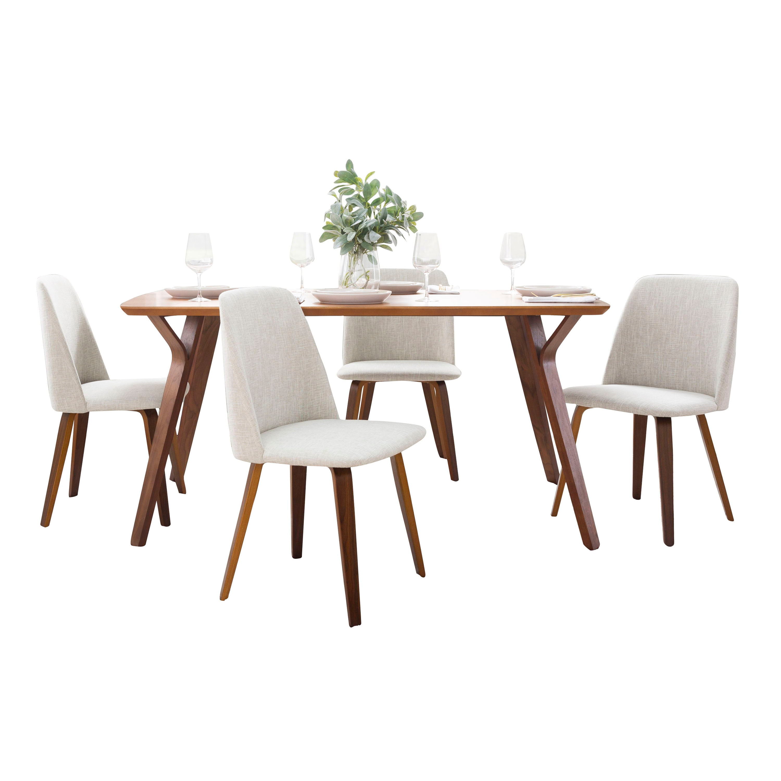 Folia Toriano - 5 Piece Mid-Century Modern Dining Set - Walnut / Beige