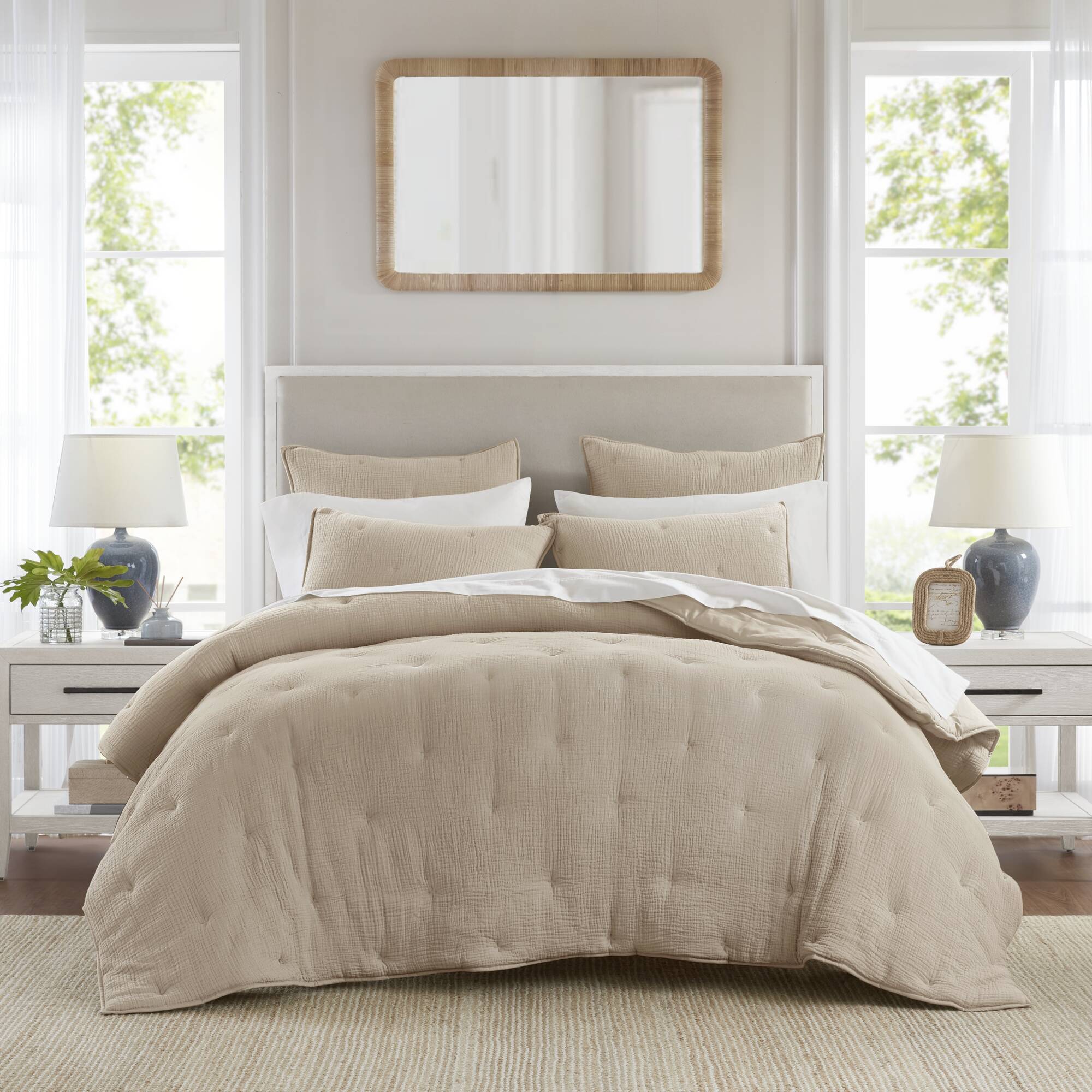 Breeze - Full/Queen Cotton Gauze Embroidered Quilt Set - Taupe