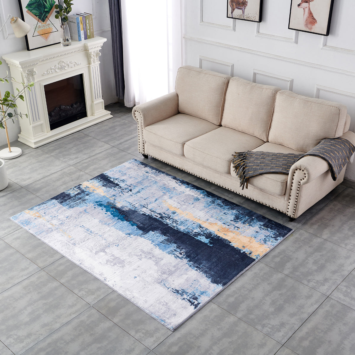 ZARA Collection Abstract Design Gray Blue Yellow Machine Washable Super Soft Area Rug