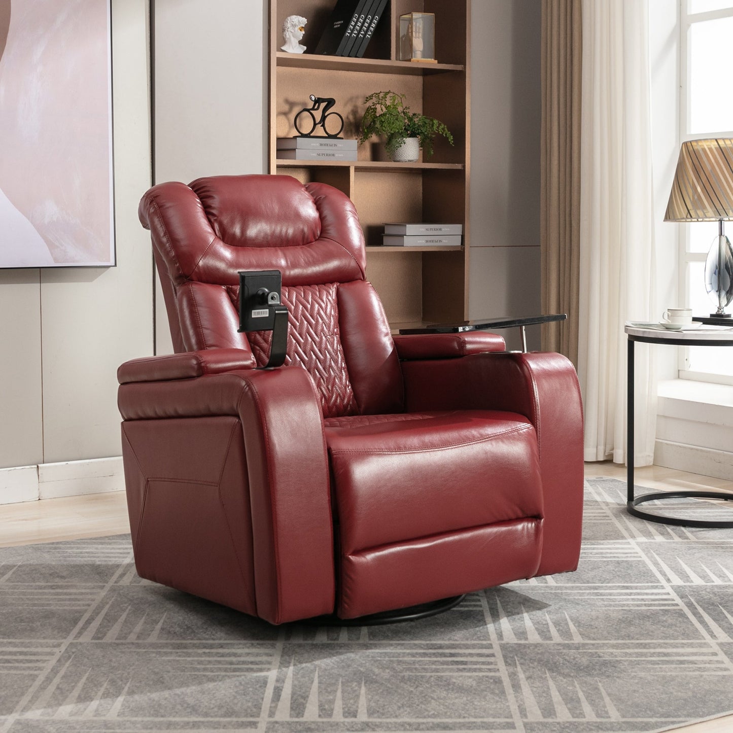 270 Degree Swivel PU Leather Power Recliner Individual Seat Home Theater Recliner with  Comforable Backrest, Tray Table,  Phone Holder, Cup Holder,  USB Port, Hidden Arm Storage for Living Room, Red